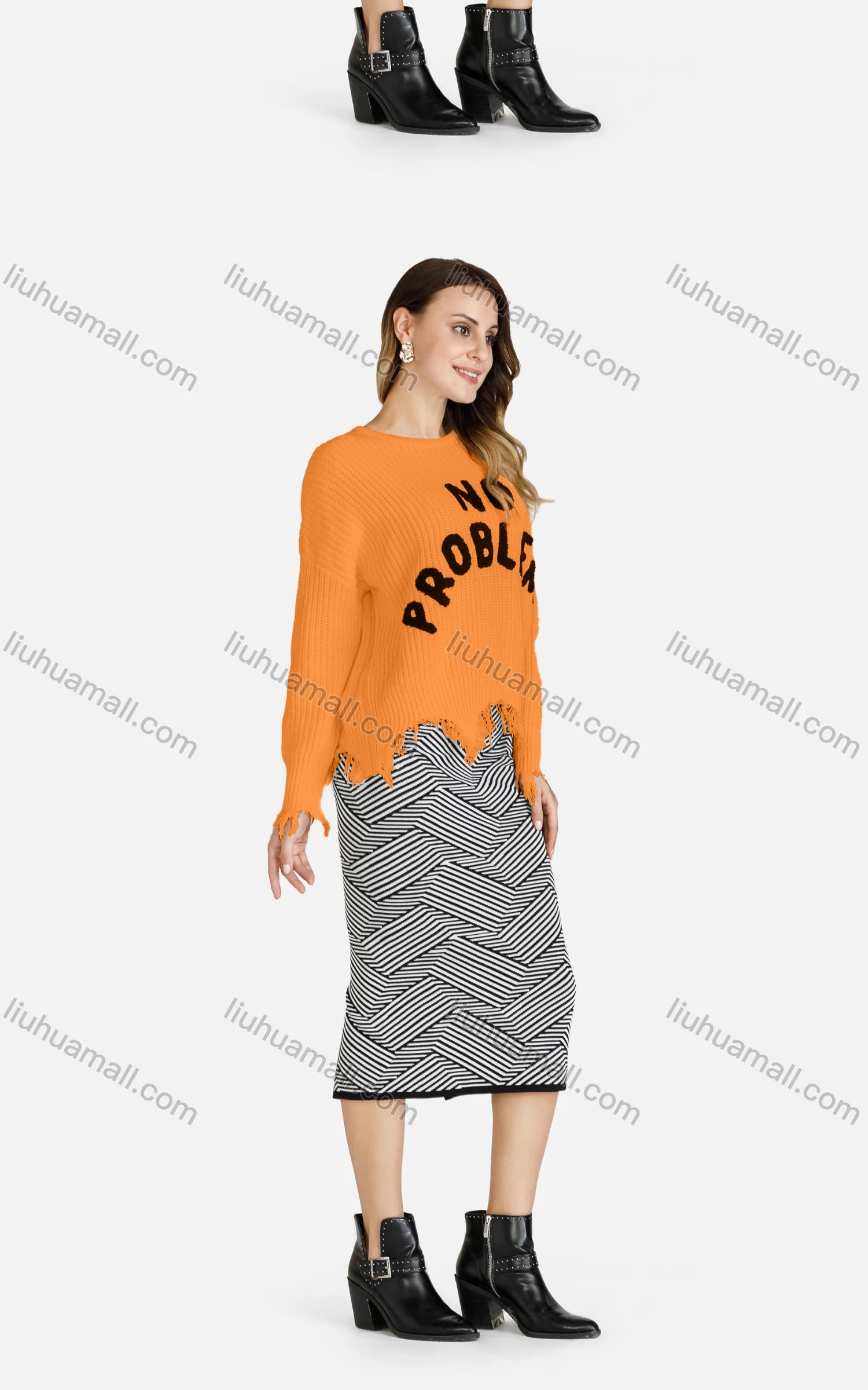 Wholesale Women's Casual Crew Neck Long Sleeve Distressed Hem Letter Print Sweater - Liuhuamall