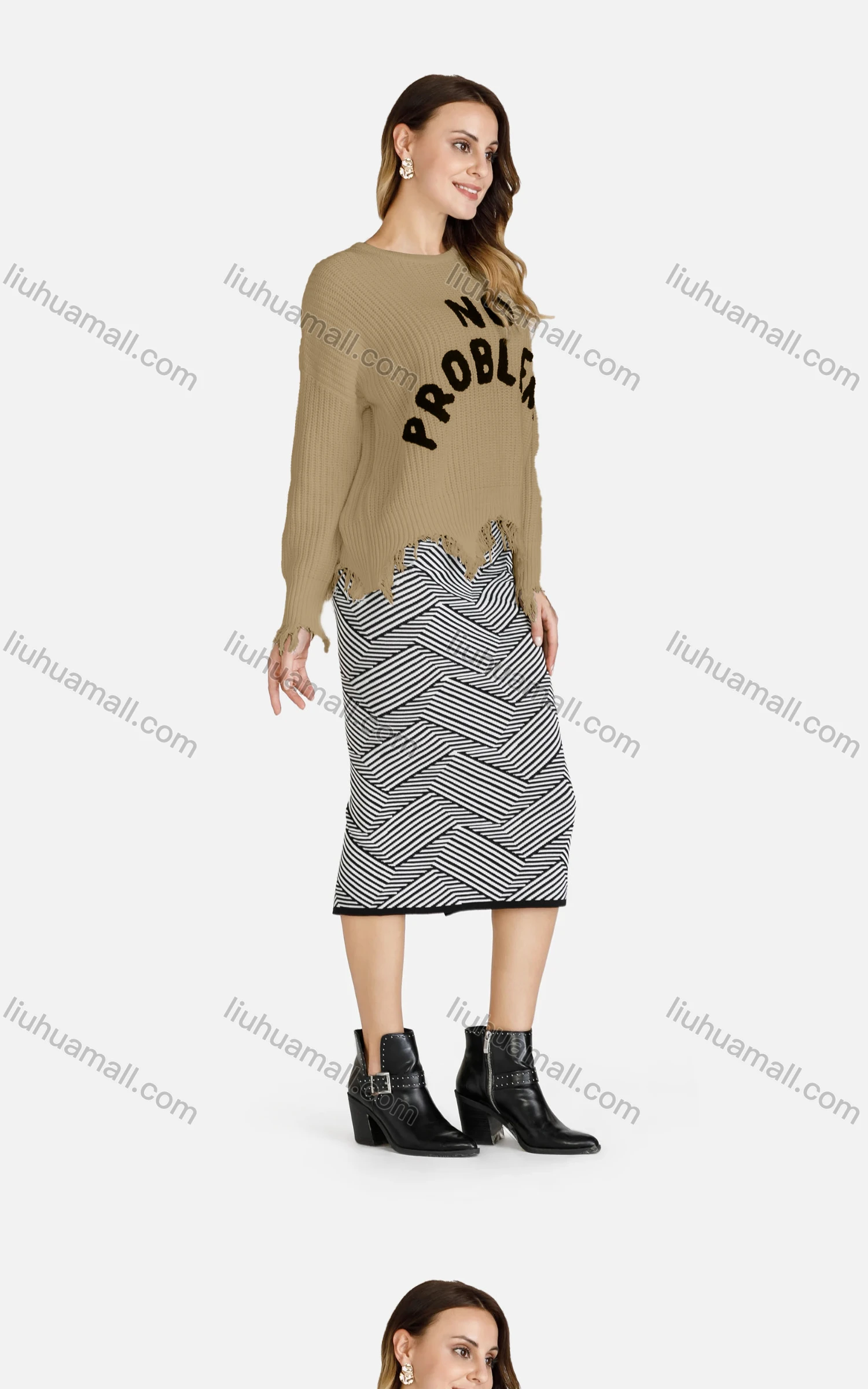 Wholesale Women's Casual Crew Neck Long Sleeve Distressed Hem Letter Print Sweater - Liuhuamall