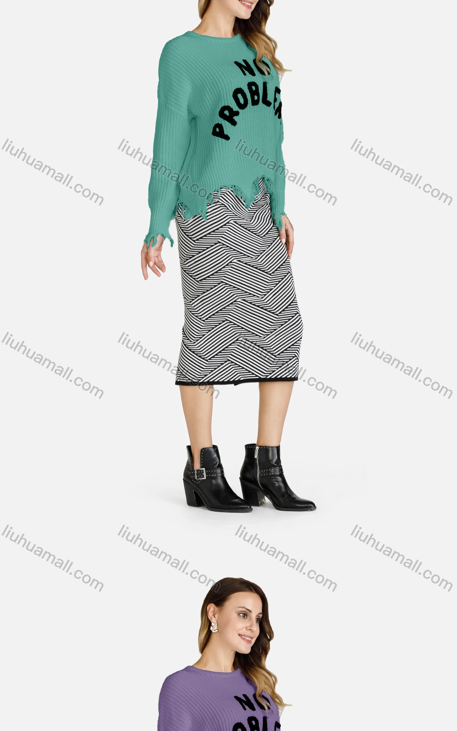 Wholesale Women's Casual Crew Neck Long Sleeve Distressed Hem Letter Print Sweater - Liuhuamall