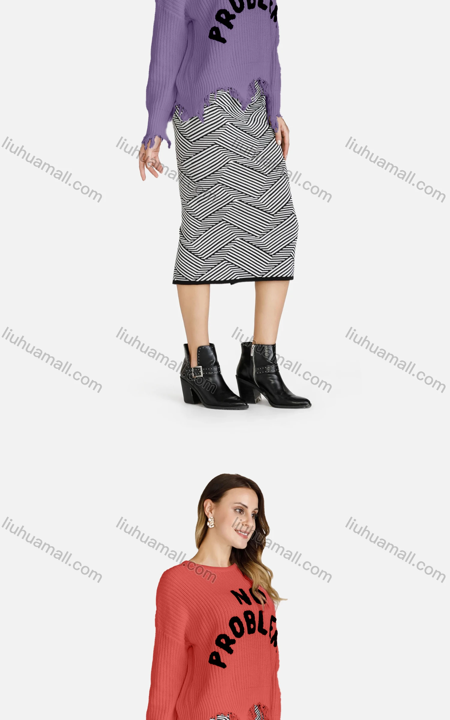 Wholesale Women's Casual Crew Neck Long Sleeve Distressed Hem Letter Print Sweater - Liuhuamall