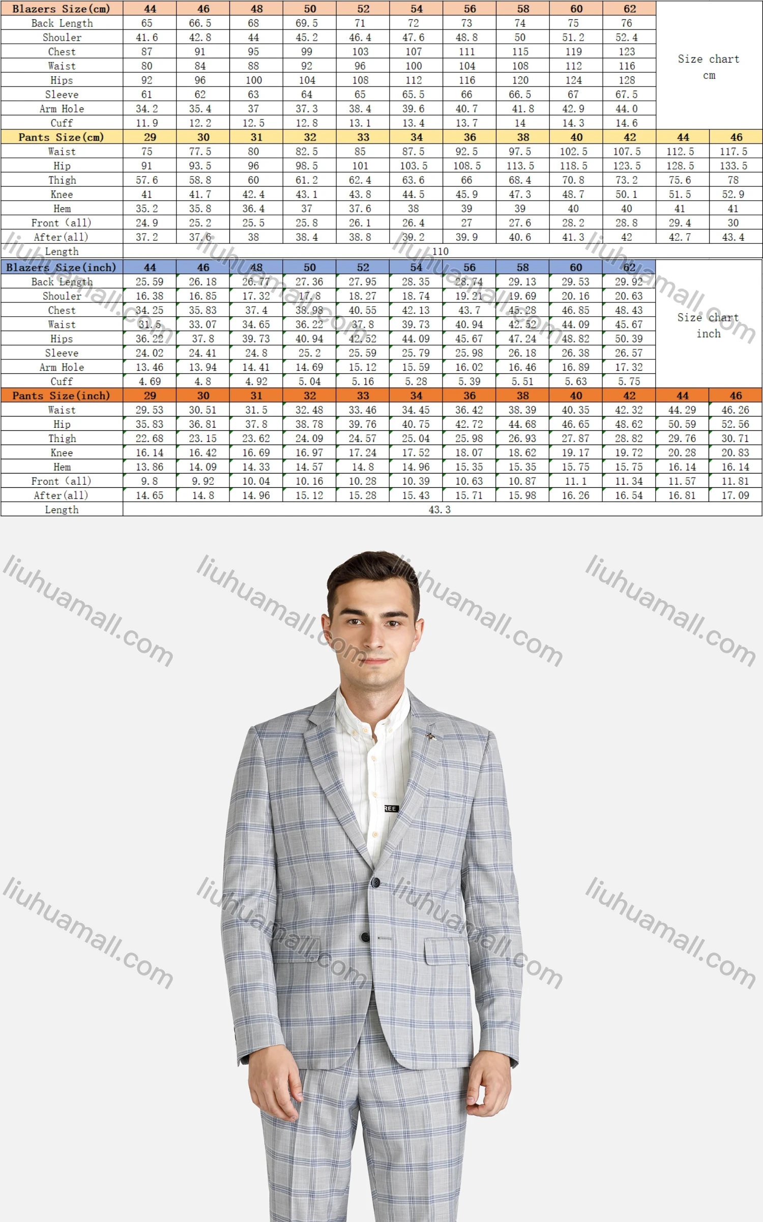 Wholesale Men's Formal Plaid Slim Fit Single Breasted Pockets Blazer & Trousers 2-Piece Suit Set - Liuhuamall