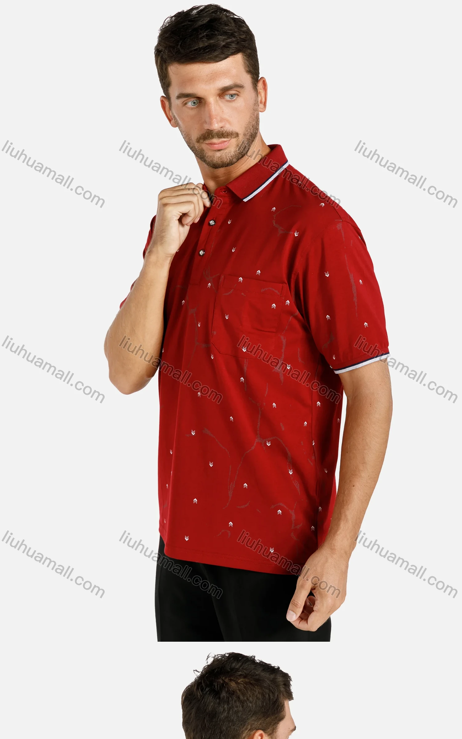 Wholesale Men's Casual Striped Trim Allover Print Patch Pocket Polo Shirt - Liuhuamall