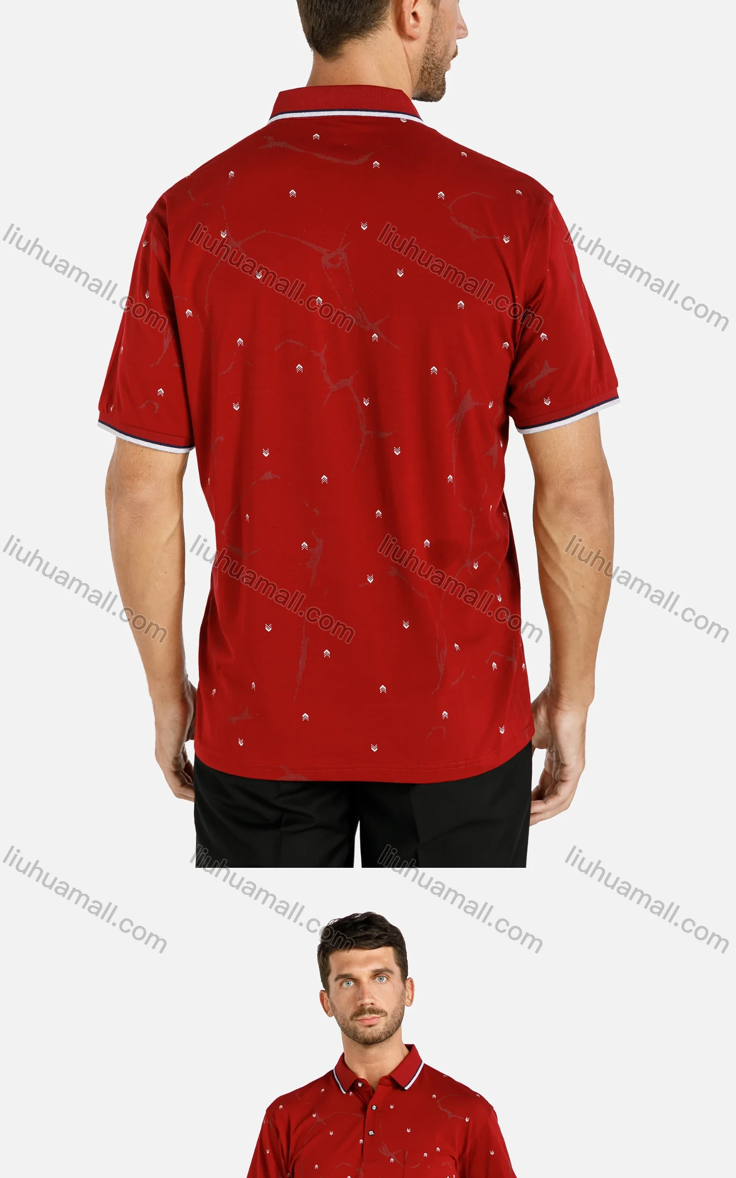 Wholesale Men's Casual Striped Trim Allover Print Patch Pocket Polo Shirt - Liuhuamall