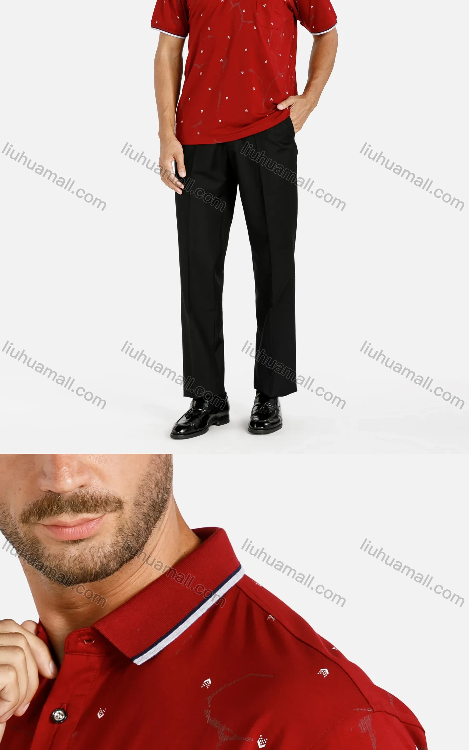 Wholesale Men's Casual Striped Trim Allover Print Patch Pocket Polo Shirt - Liuhuamall