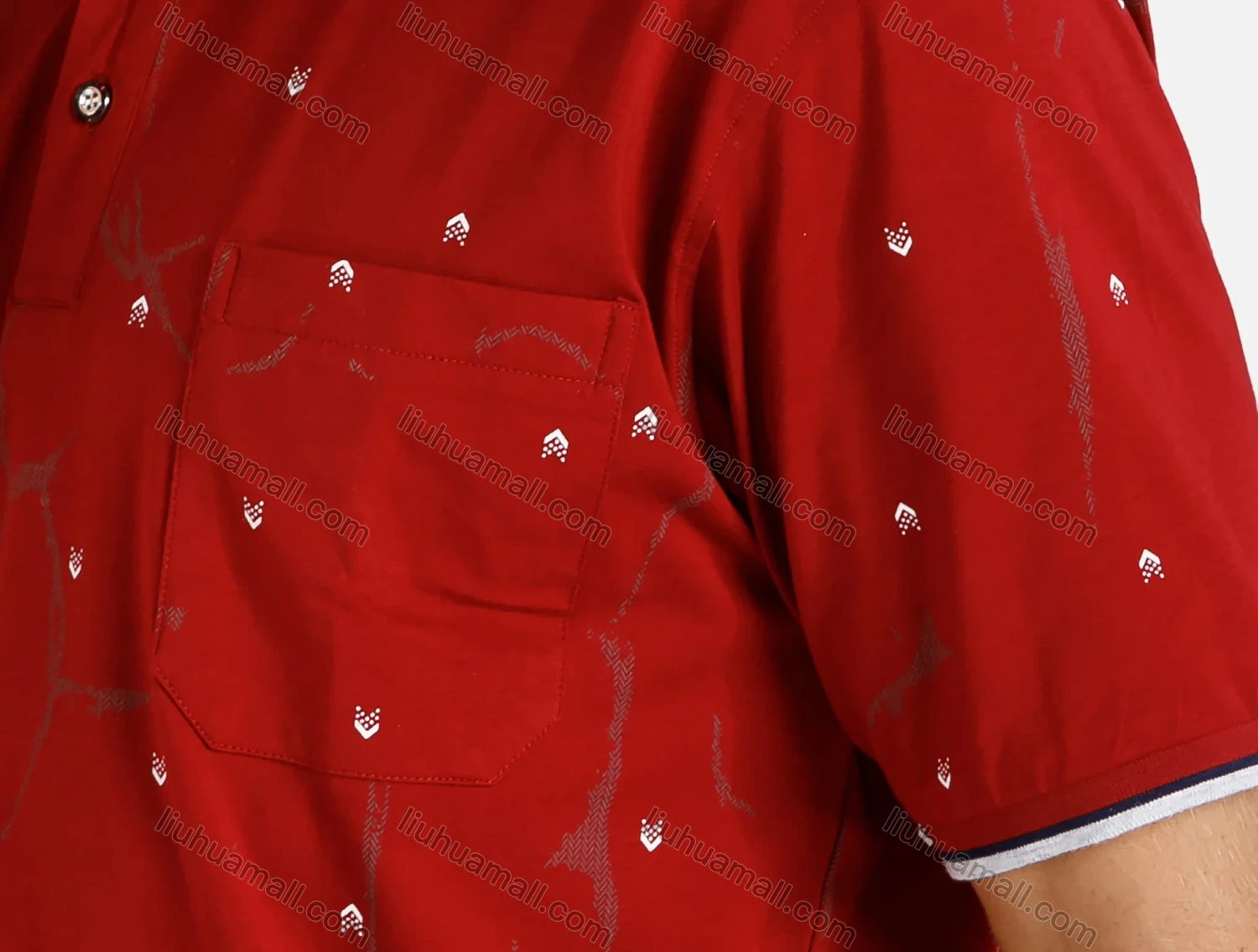 Wholesale Men's Casual Striped Trim Allover Print Patch Pocket Polo Shirt - Liuhuamall