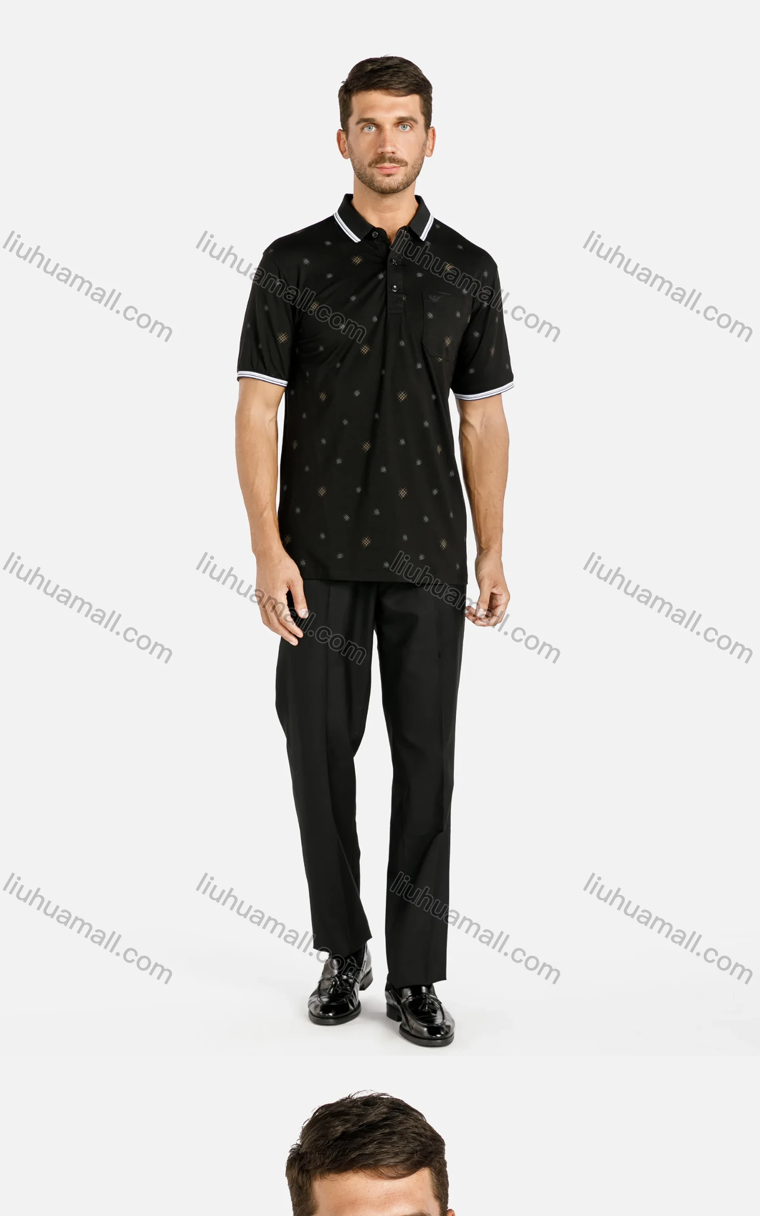 Wholesale Men's Casual Allover Print Striped Trim Patch Pocket Short Sleeve Polo Shirt - Liuhuamall