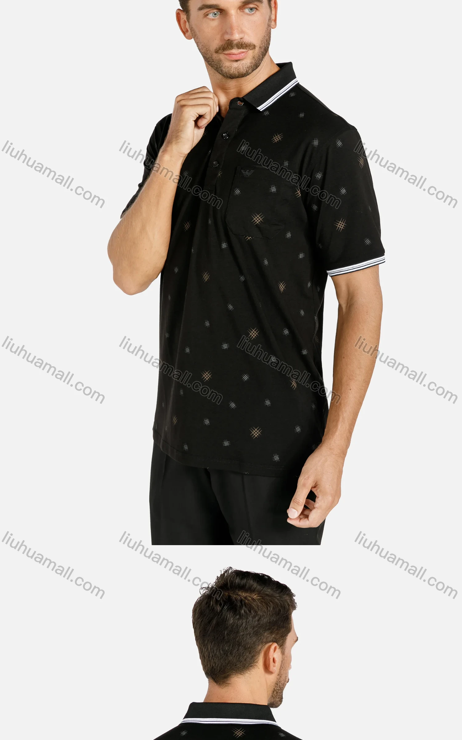 Wholesale Men's Casual Allover Print Striped Trim Patch Pocket Short Sleeve Polo Shirt - Liuhuamall