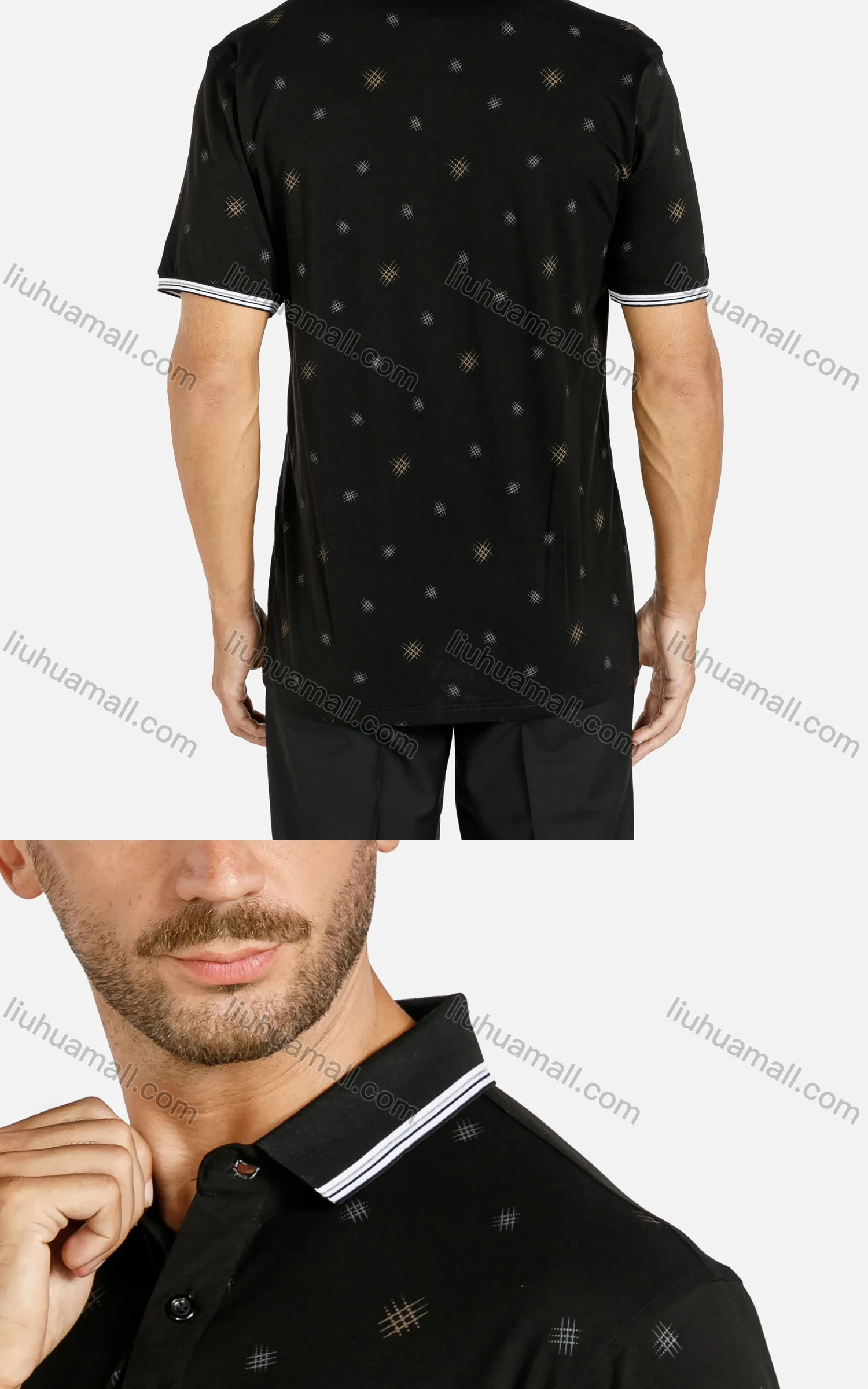 Wholesale Men's Casual Allover Print Striped Trim Patch Pocket Short Sleeve Polo Shirt - Liuhuamall