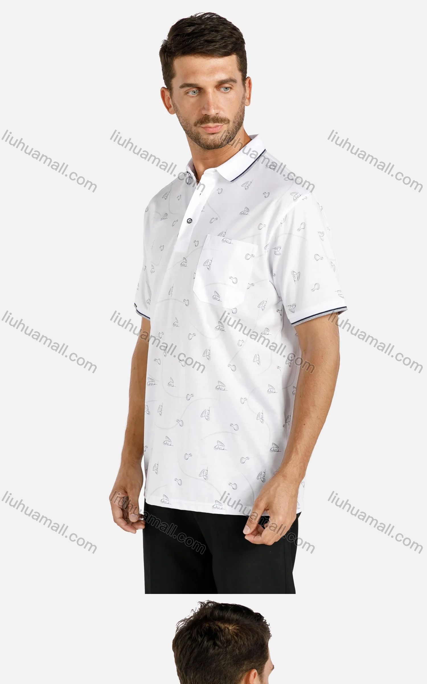 Wholesale Men's Casual Allover Print Striped Trim Short Sleeve Patch Pocket Polo Shirt - Liuhuamall