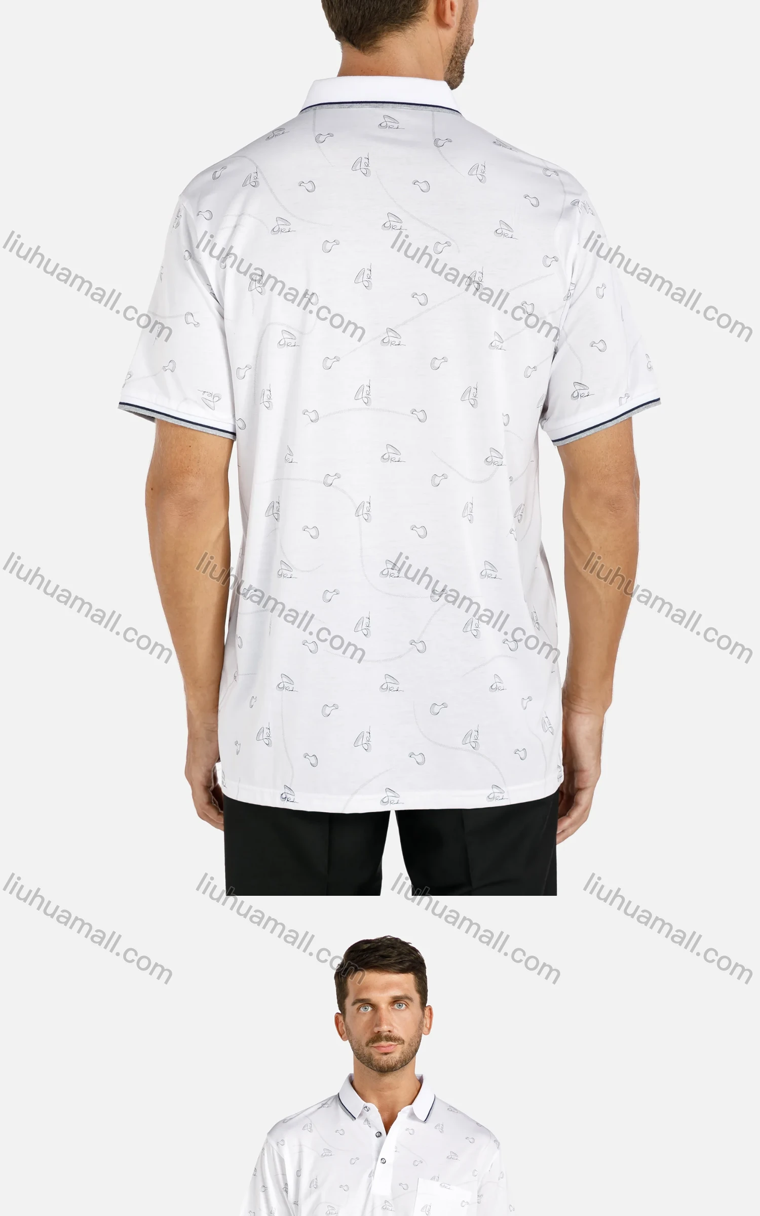 Wholesale Men's Casual Allover Print Striped Trim Short Sleeve Patch Pocket Polo Shirt - Liuhuamall