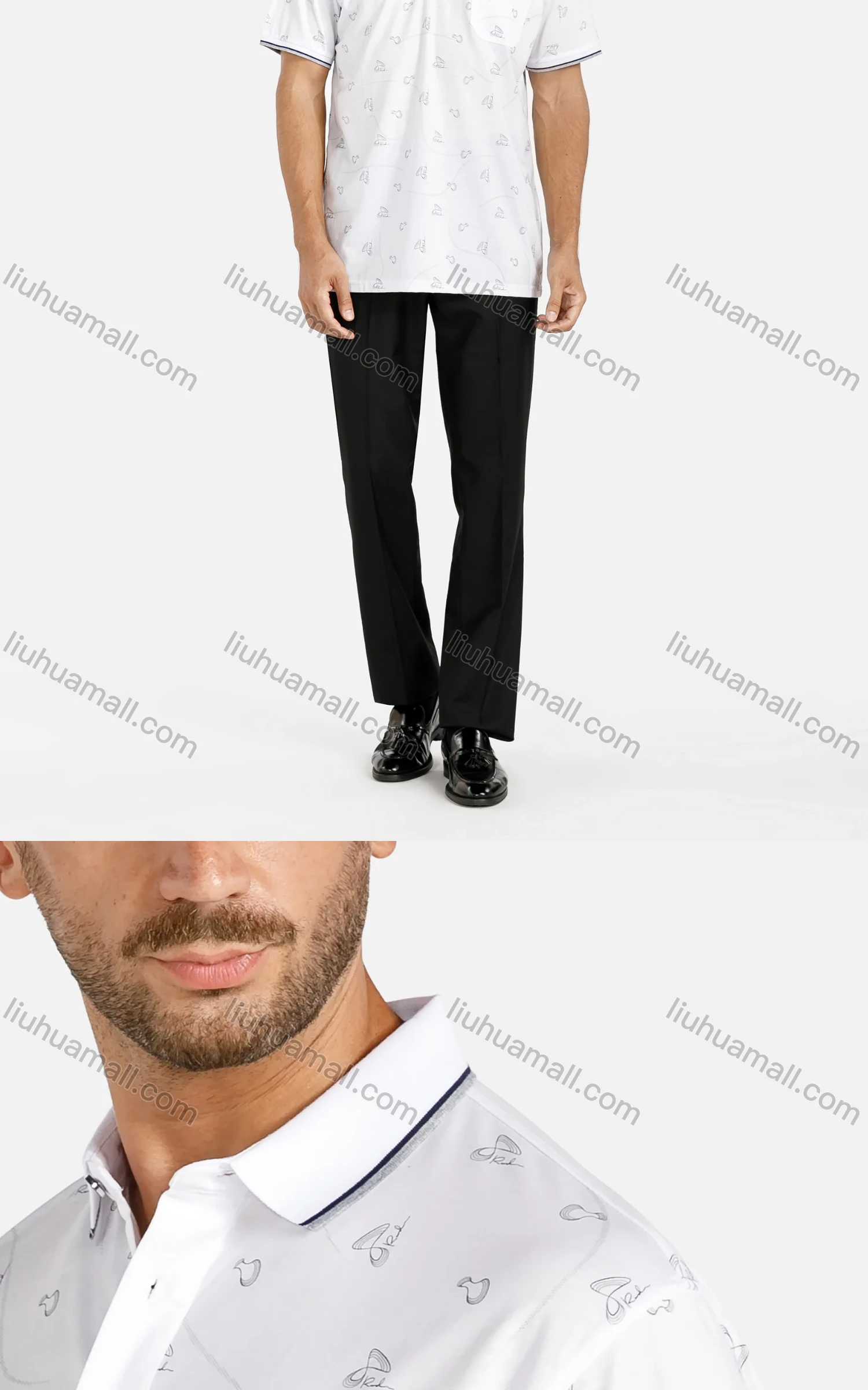 Wholesale Men's Casual Allover Print Striped Trim Short Sleeve Patch Pocket Polo Shirt - Liuhuamall