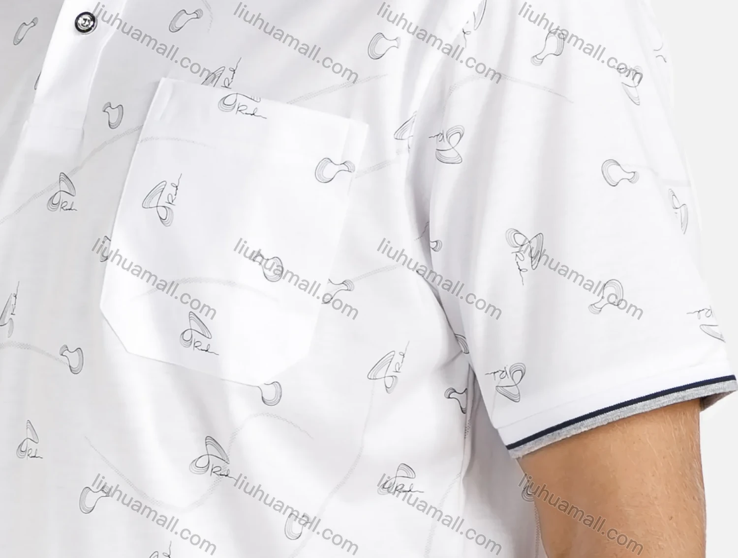 Wholesale Men's Casual Allover Print Striped Trim Short Sleeve Patch Pocket Polo Shirt - Liuhuamall