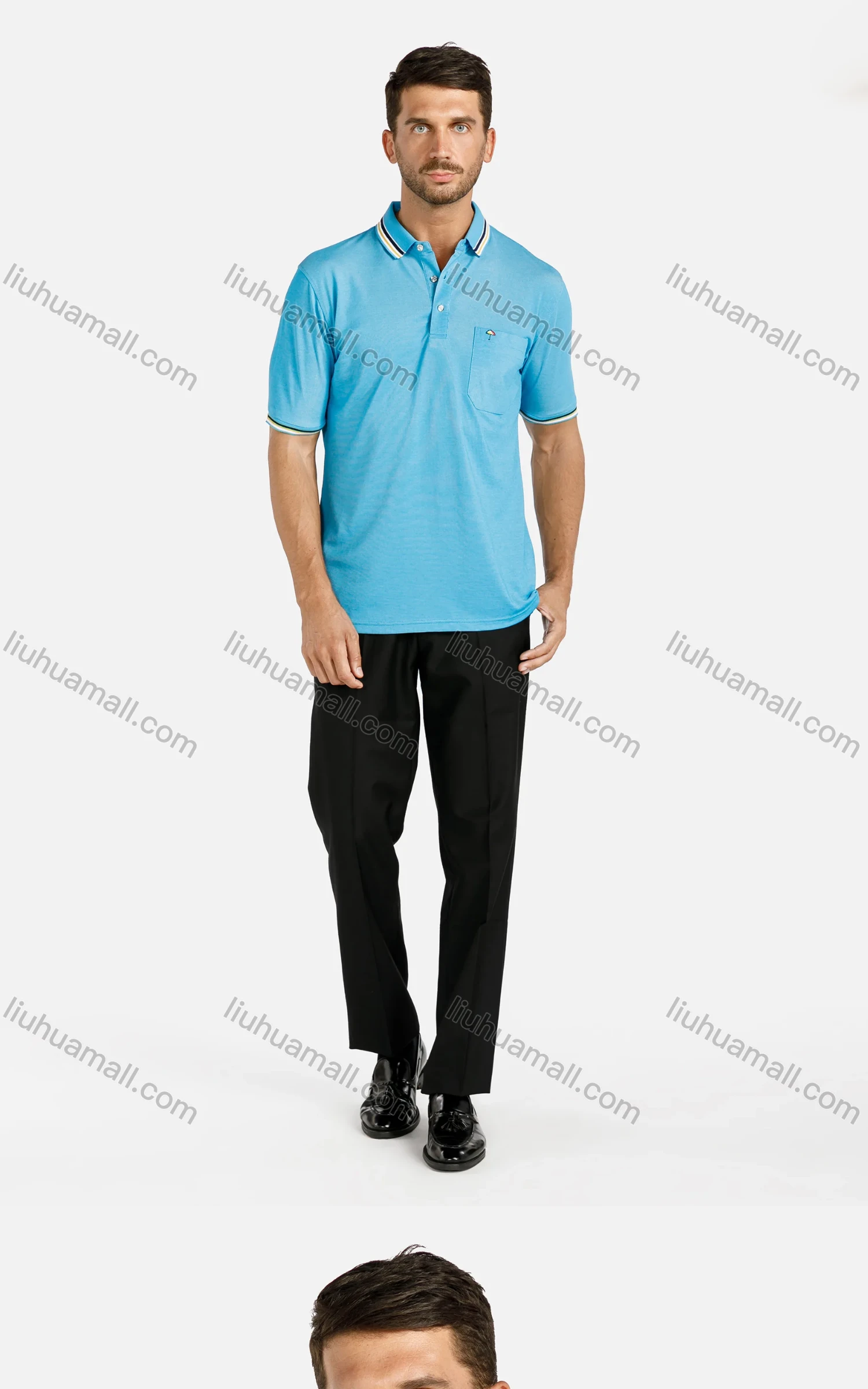 Wholesale Men's Casual Plain Embroidered Patch Pocket Striped Trim Short Sleeve Polo Shirt - Liuhuamall