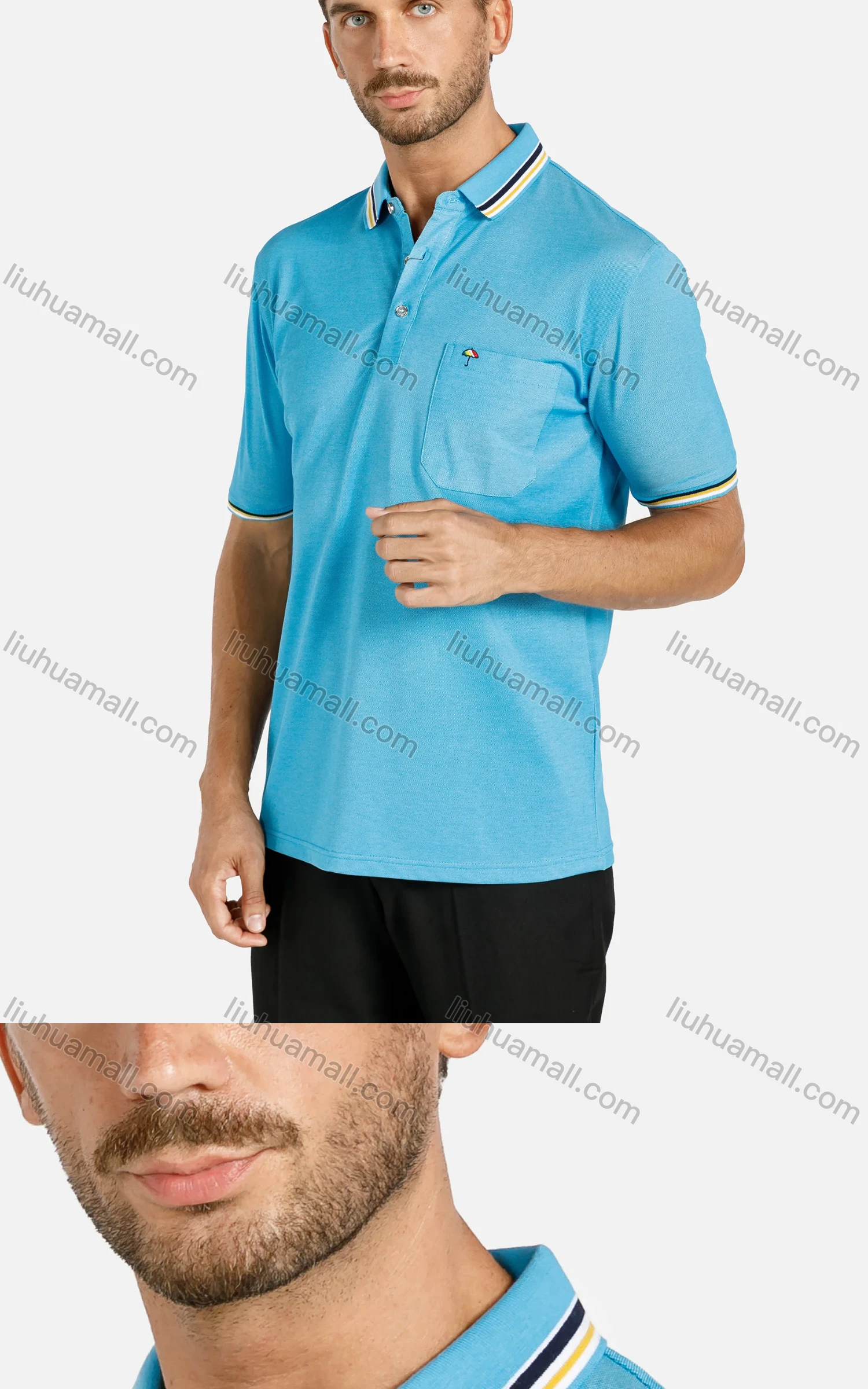 Wholesale Men's Casual Plain Embroidered Patch Pocket Striped Trim Short Sleeve Polo Shirt - Liuhuamall