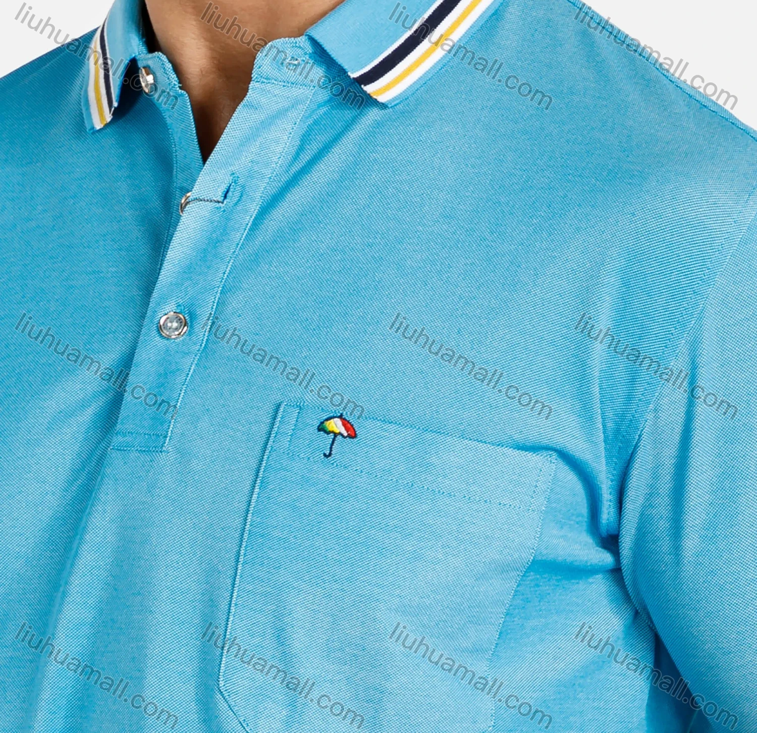 Wholesale Men's Casual Plain Embroidered Patch Pocket Striped Trim Short Sleeve Polo Shirt - Liuhuamall