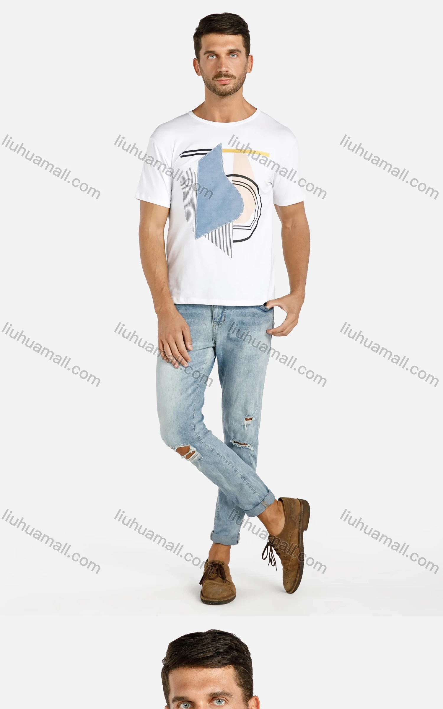 Wholesale Men's Casual Round Neck Geometric Splicing Short Sleeve Tee - Liuhuamall