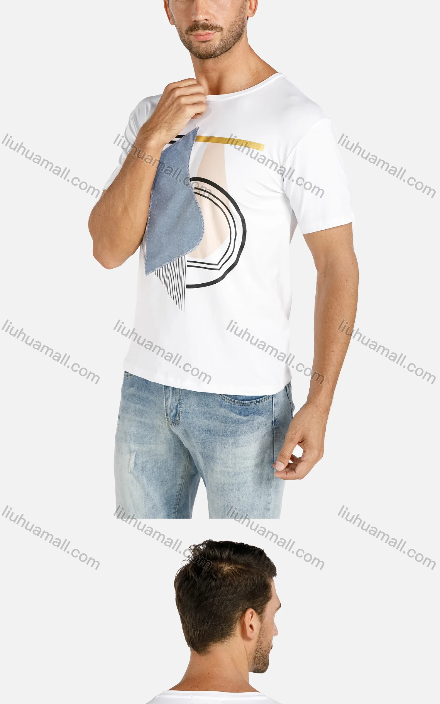 Wholesale Men's Casual Round Neck Geometric Splicing Short Sleeve Tee - Liuhuamall