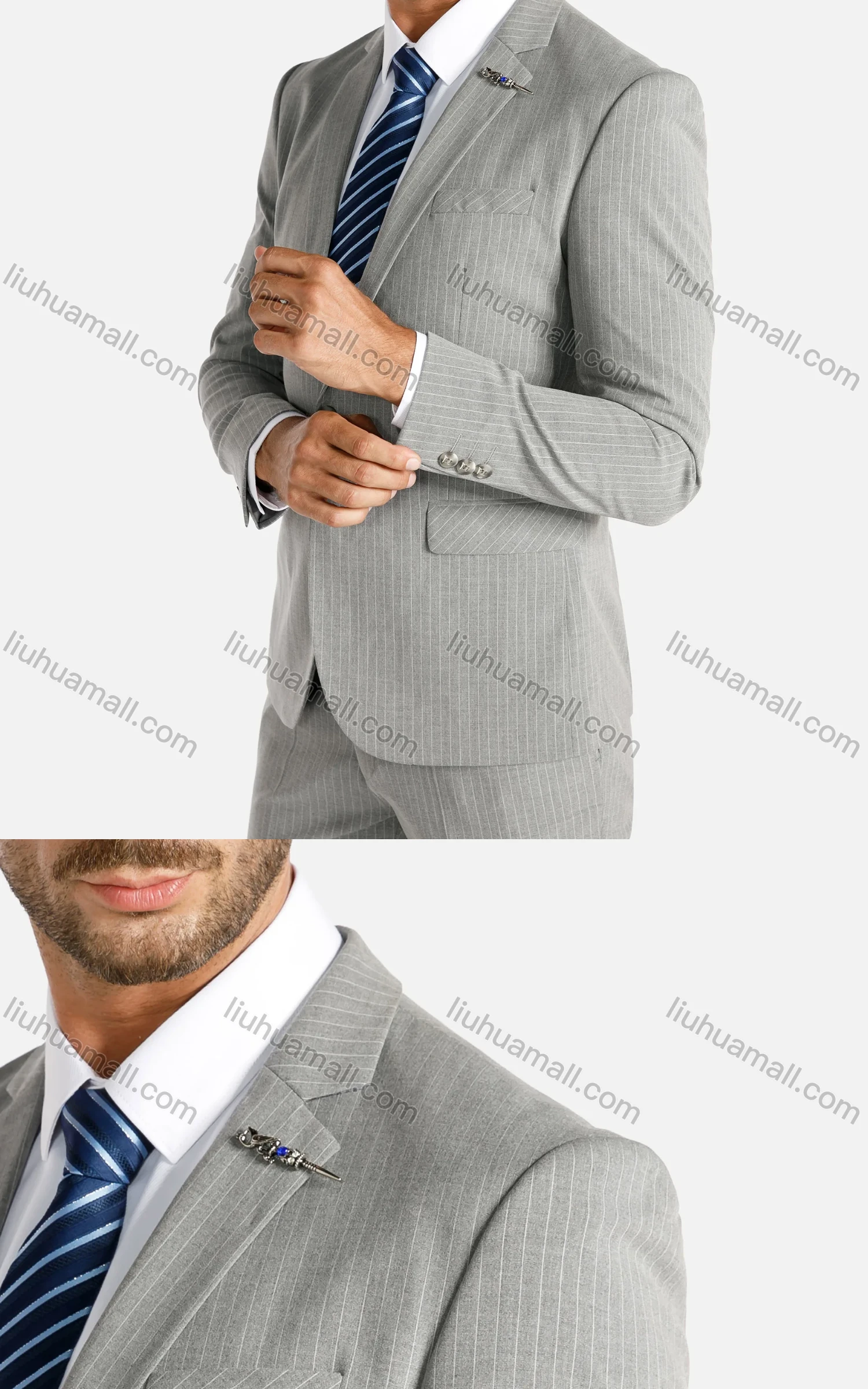 Wholesale Men's Striped Lapel Collar Blazer&Pants Slim Fit Suit Set - Liuhuamall