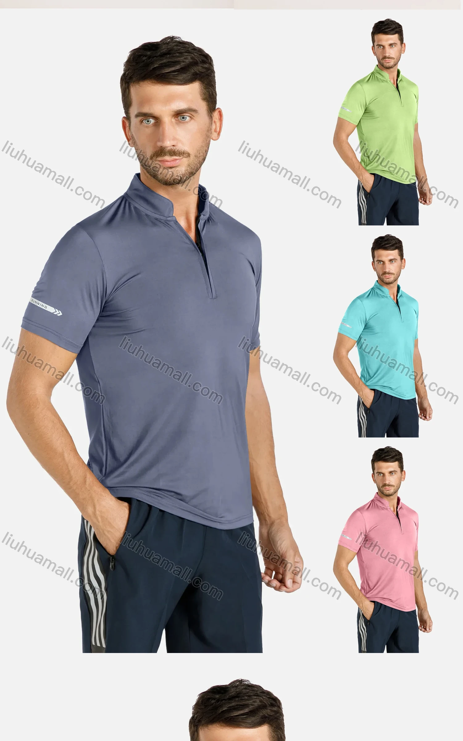 Wholesale Men's Sporty Plain Stand Collar Short Sleeve Zip Front Reflective Stripes Tee - Liuhuamall