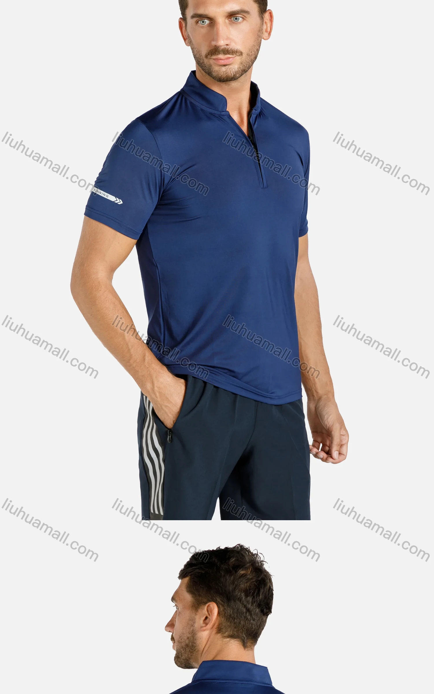 Wholesale Men's Sporty Plain Stand Collar Short Sleeve Zip Front Reflective Stripes Tee - Liuhuamall