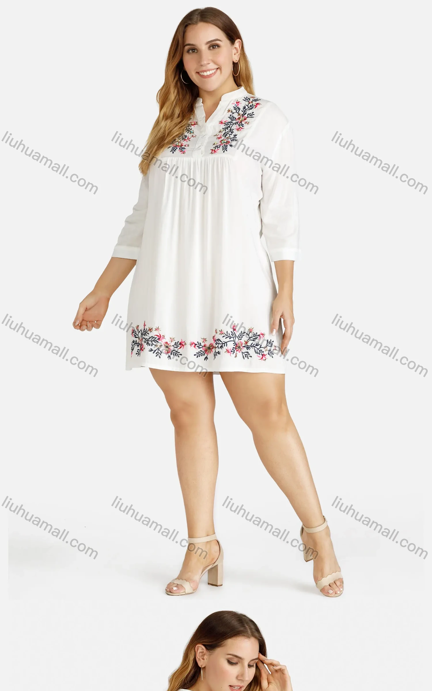 Wholesale Women's Casual 3/4 Sleeve Embroidered Floral Button Front Short Dress - Liuhuamall