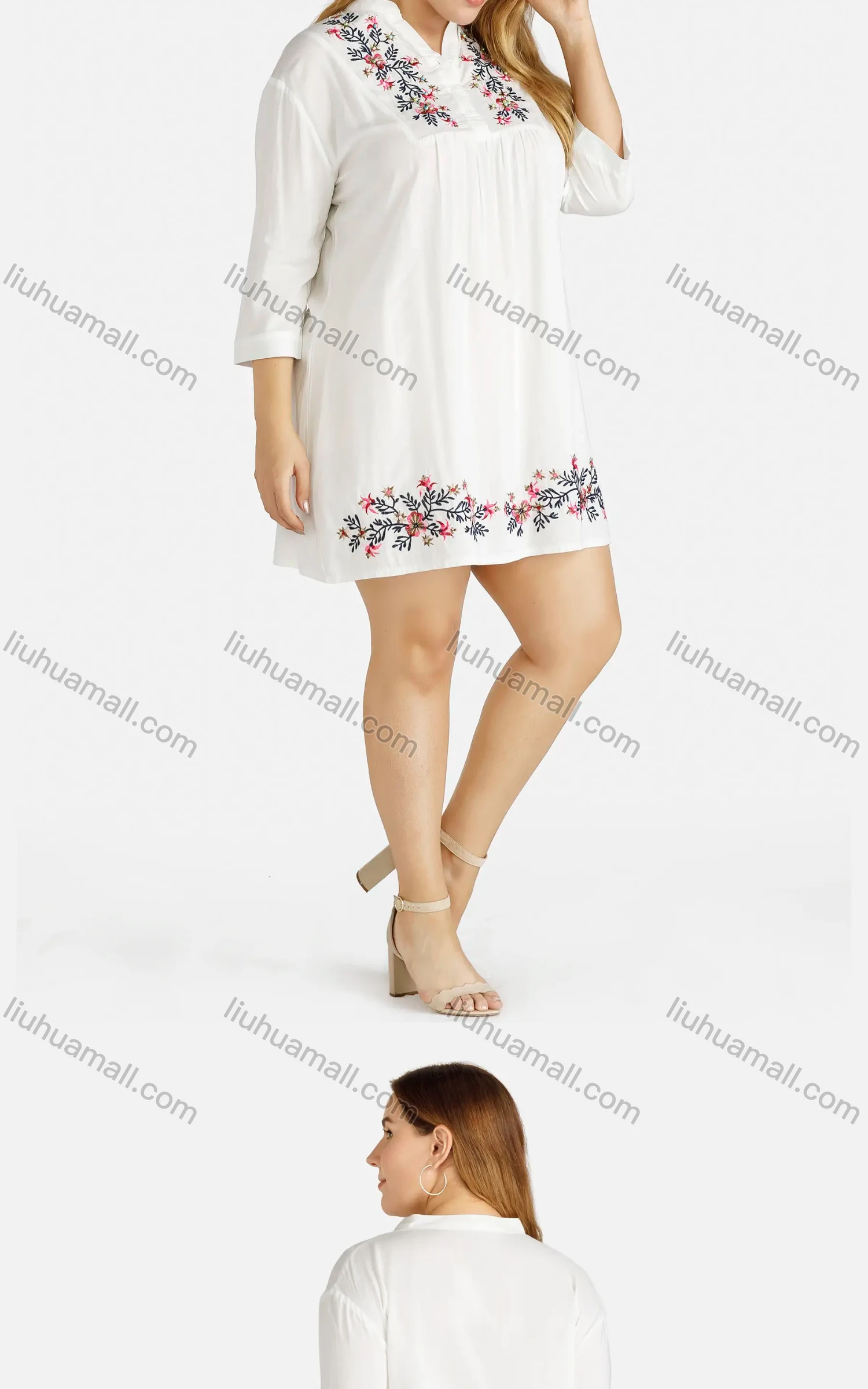 Wholesale Women's Casual 3/4 Sleeve Embroidered Floral Button Front Short Dress - Liuhuamall