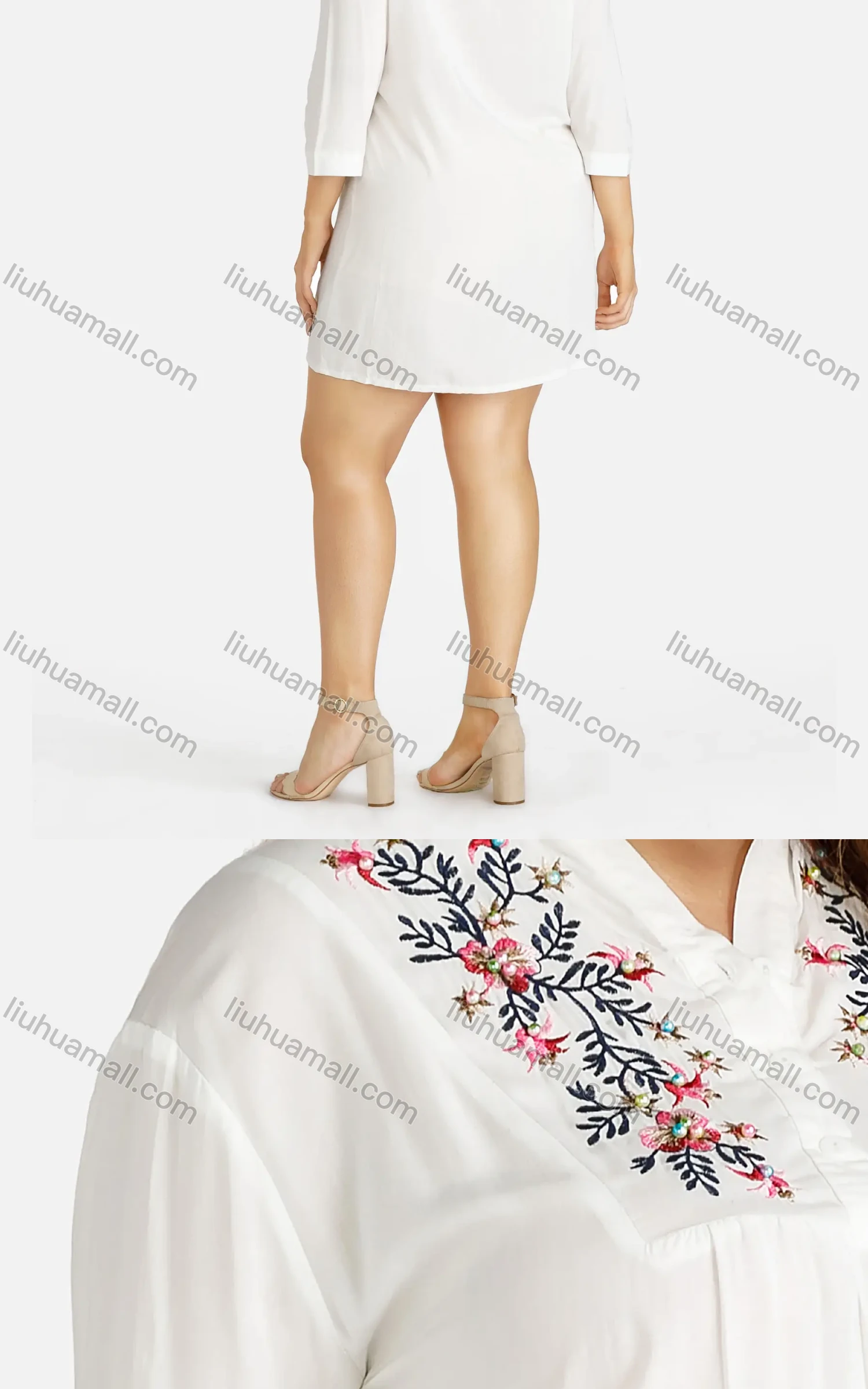 Wholesale Women's Casual 3/4 Sleeve Embroidered Floral Button Front Short Dress - Liuhuamall