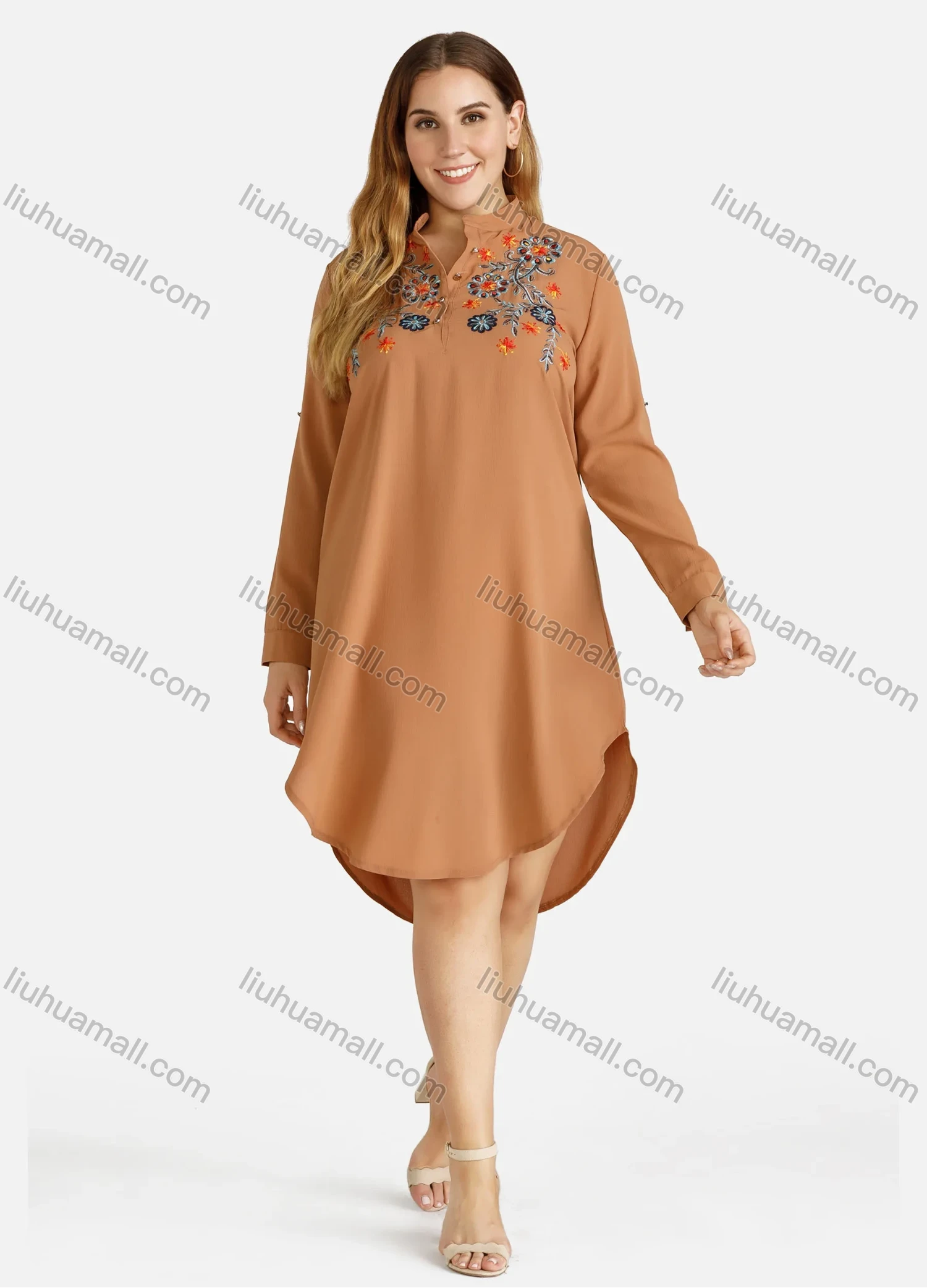 Wholesale Women's Casual Embroidered Button Front Stand Collar Long Sleeve Curved Hem Knee Length Dress - Liuhuamall