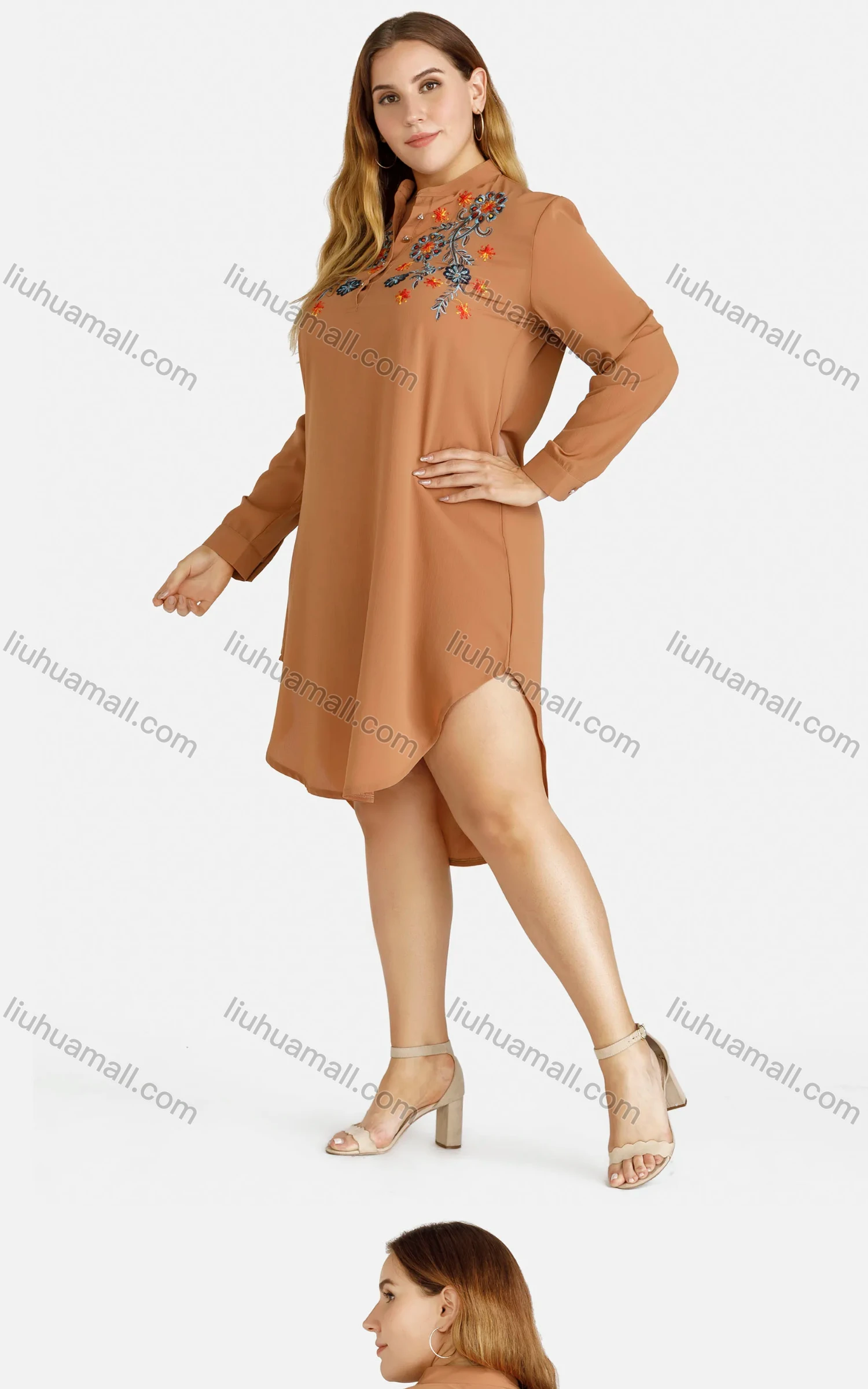 Wholesale Women's Casual Embroidered Button Front Stand Collar Long Sleeve Curved Hem Knee Length Dress - Liuhuamall