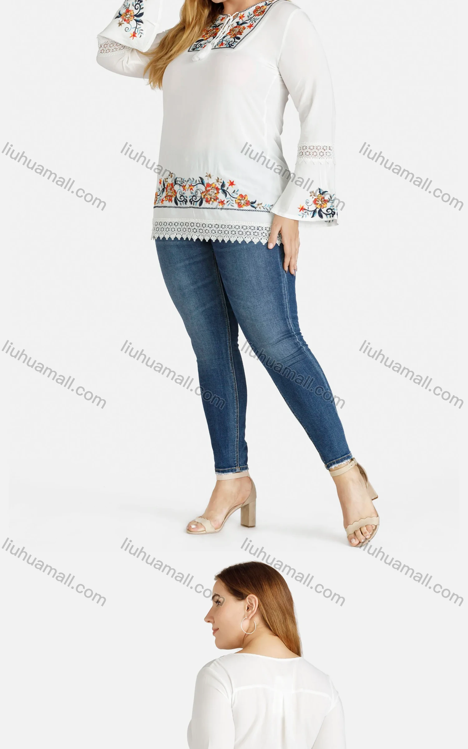 Wholesale Women's Keyhole Neck Trumpet Sleeve Embroidered Blouse - Liuhuamall