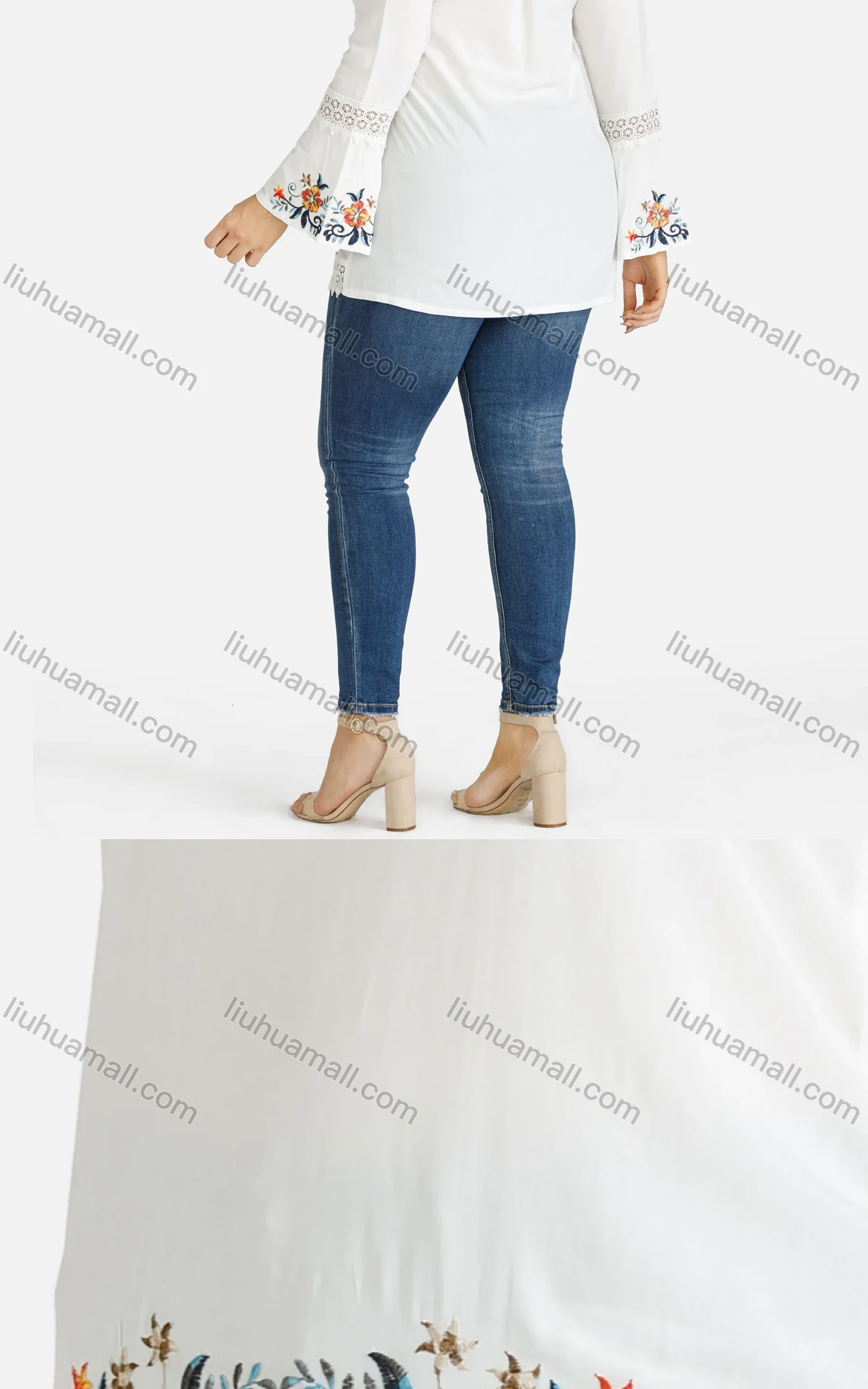 Wholesale Women's Keyhole Neck Trumpet Sleeve Embroidered Blouse - Liuhuamall