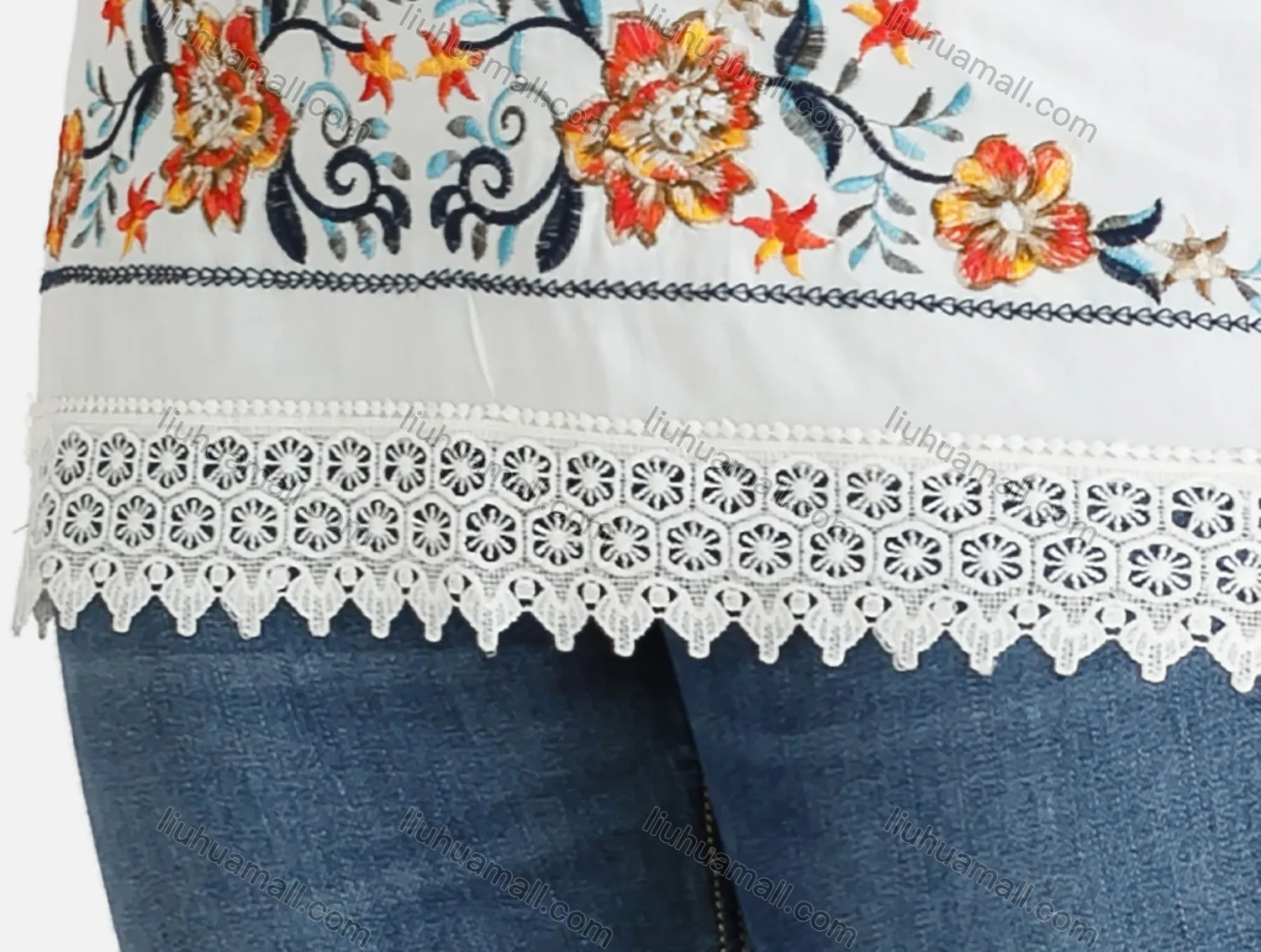 Wholesale Women's Keyhole Neck Trumpet Sleeve Embroidered Blouse - Liuhuamall