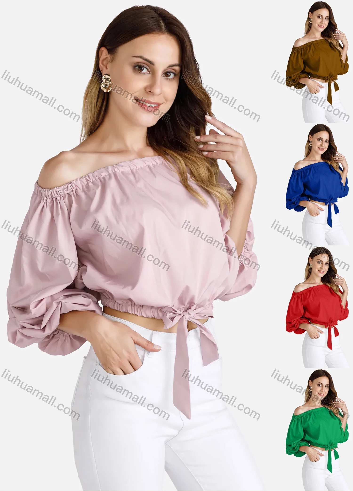 Wholesale Women's Off Shoulder Lantern Sleeve Elastic Trim Crop Top - Liuhuamall
