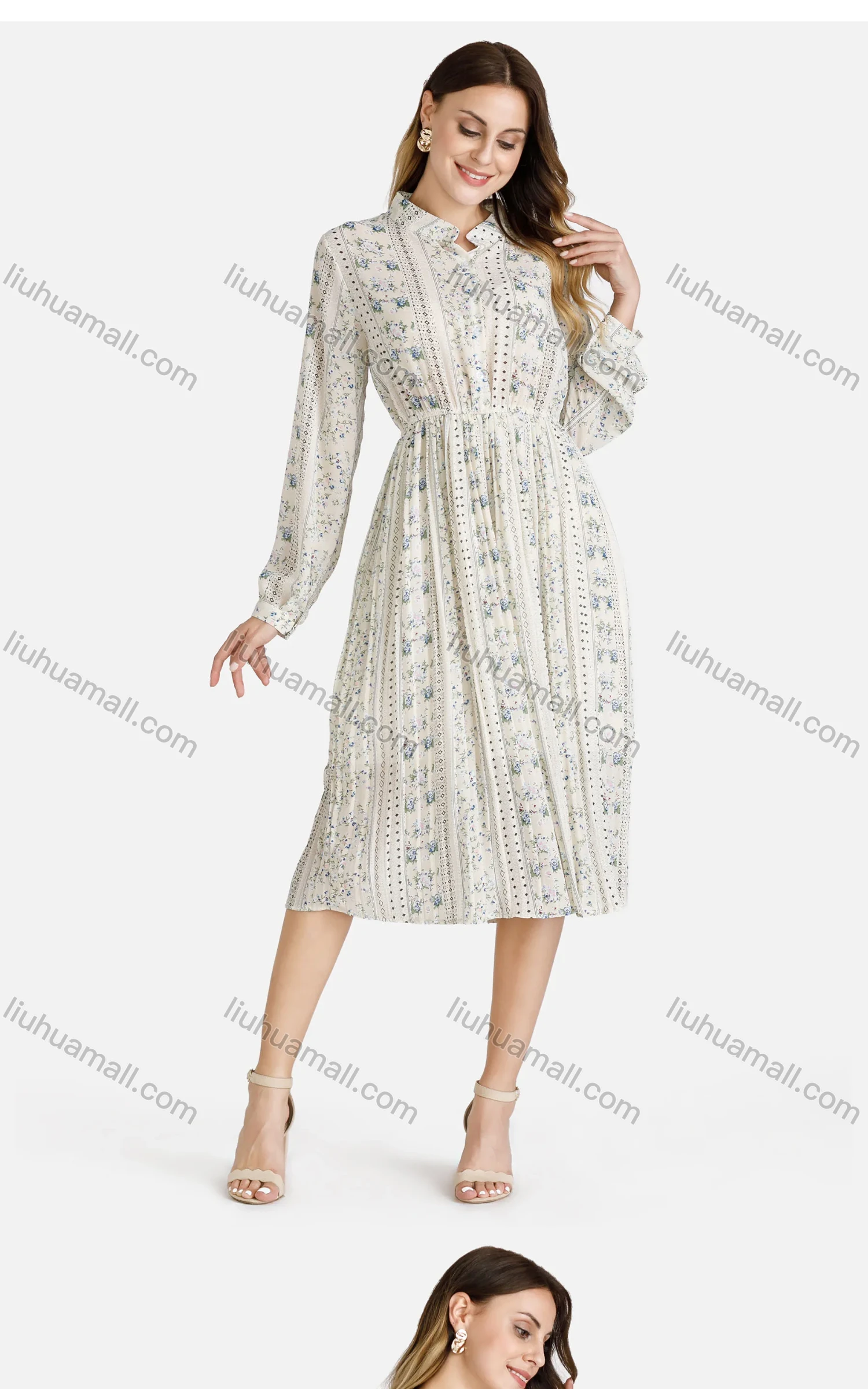 Wholesale Women's Casual Floral Print Button Front High Waist Midi Pleated Dress - Liuhuamall