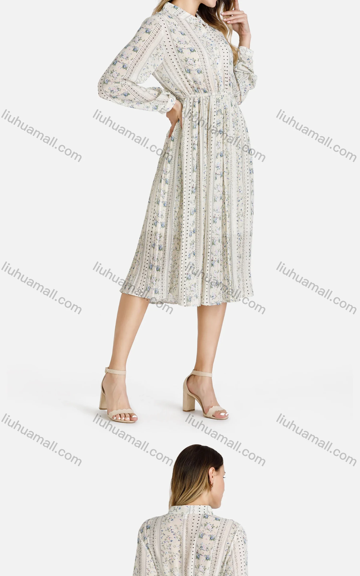 Wholesale Women's Casual Floral Print Button Front High Waist Midi Pleated Dress - Liuhuamall