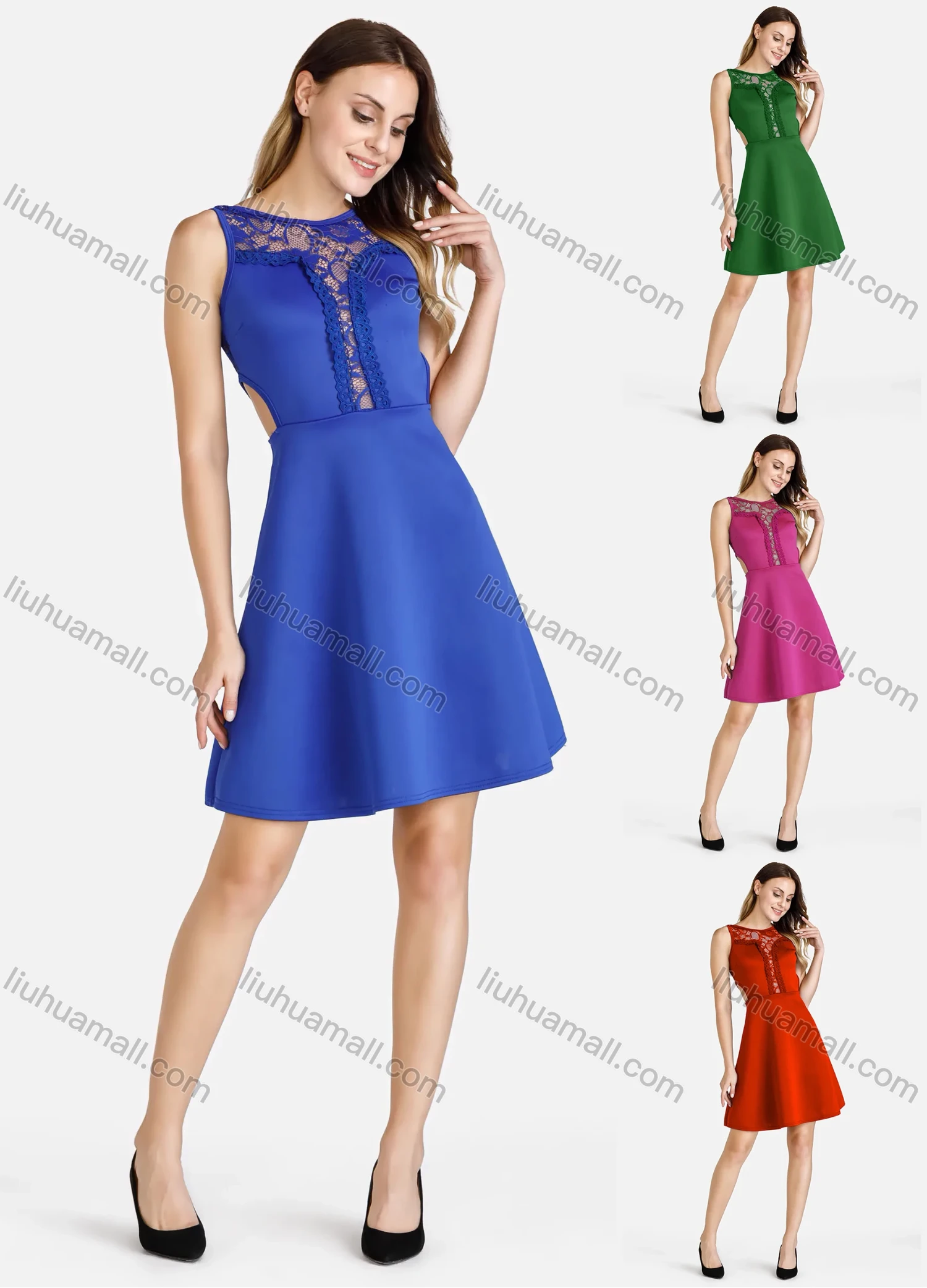 Wholesale Women's Elegant Sleeveless High Waist Lace Cut Out Short Cocktail Dress - Liuhuamall