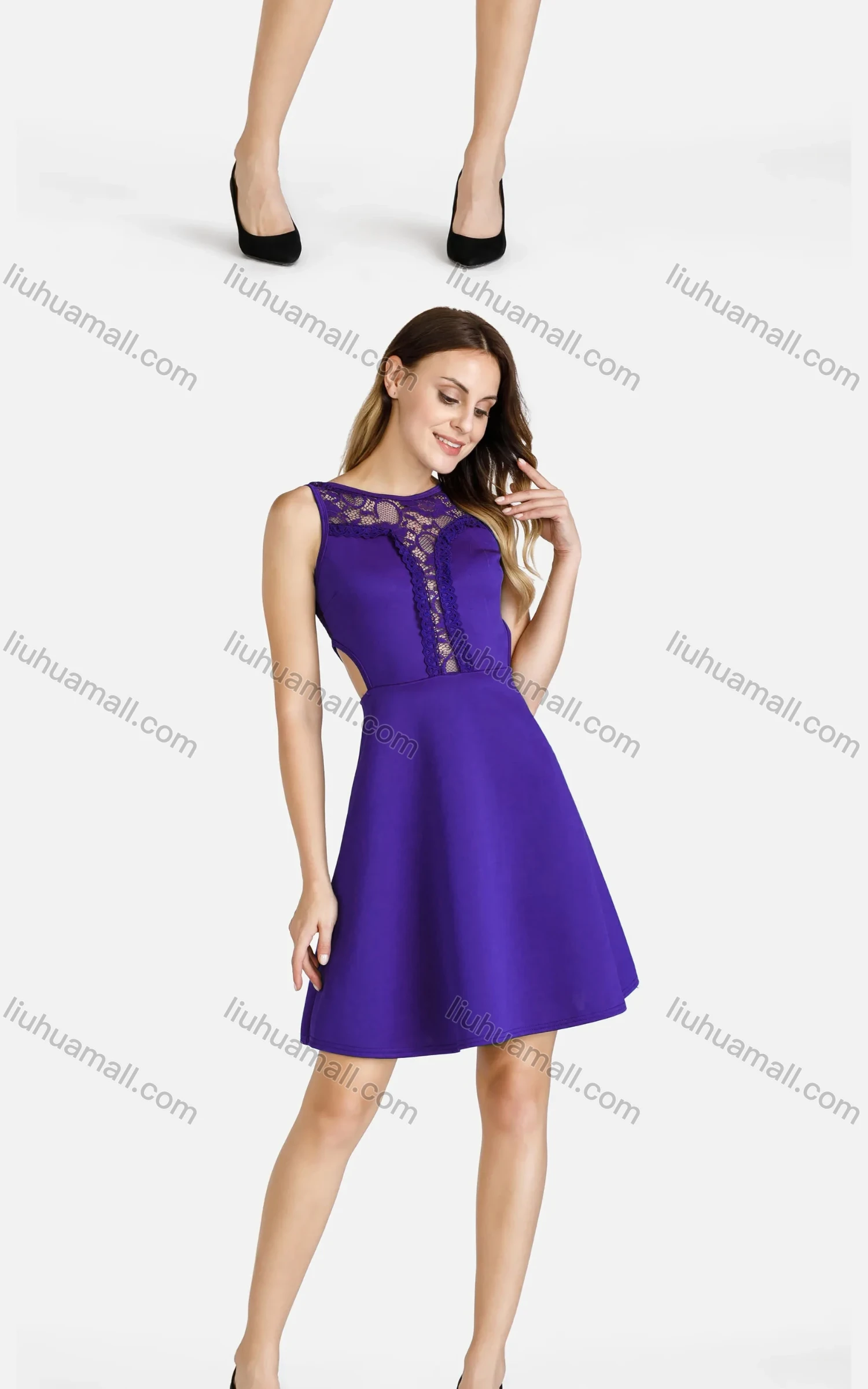 Wholesale Women's Elegant Sleeveless High Waist Lace Cut Out Short Cocktail Dress - Liuhuamall