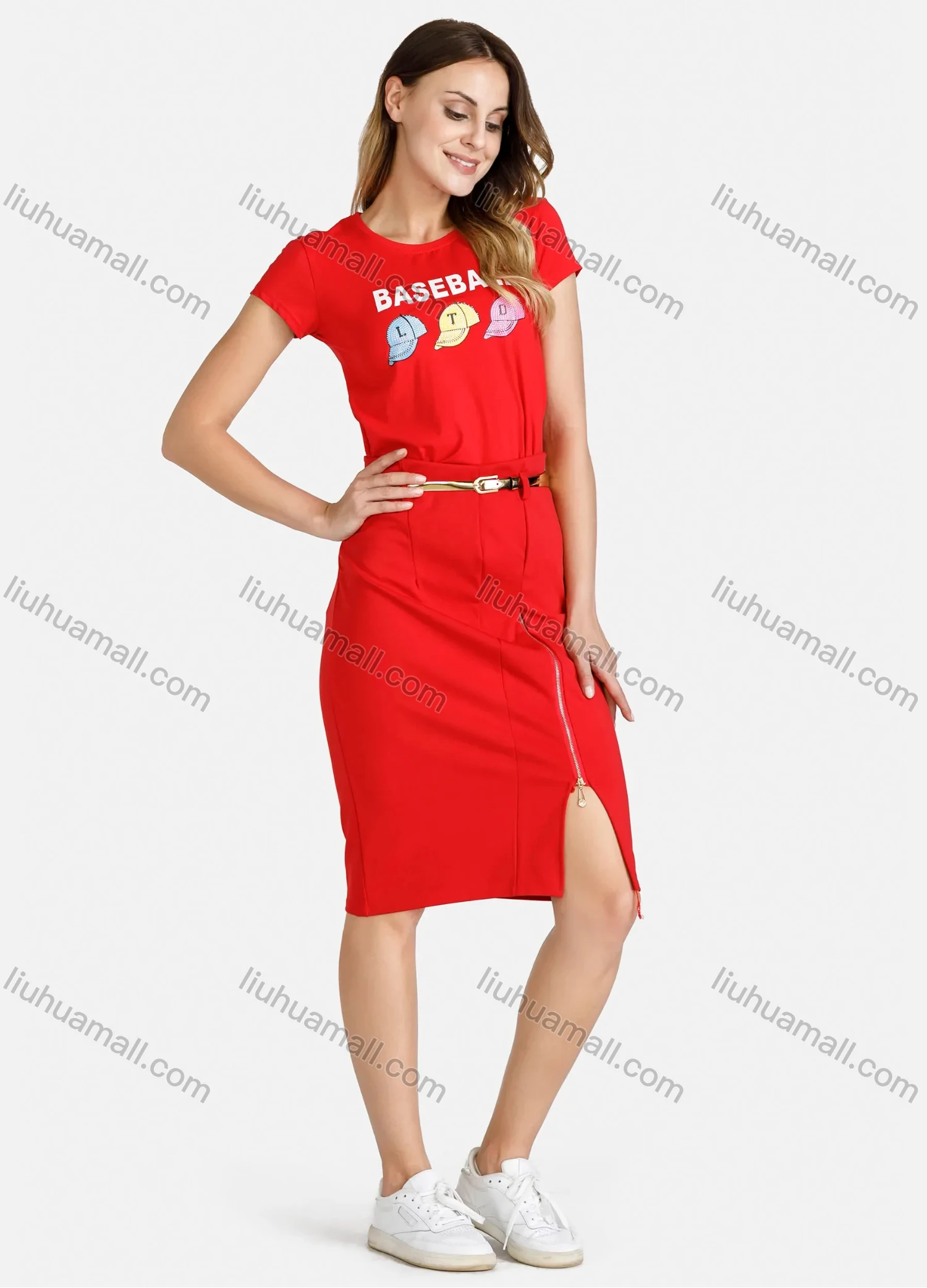 Wholesale Women's Casual Crew Neck Short Sleeve Cartoon Rhinestone Graphic Belted Tee Dress - Liuhuamall