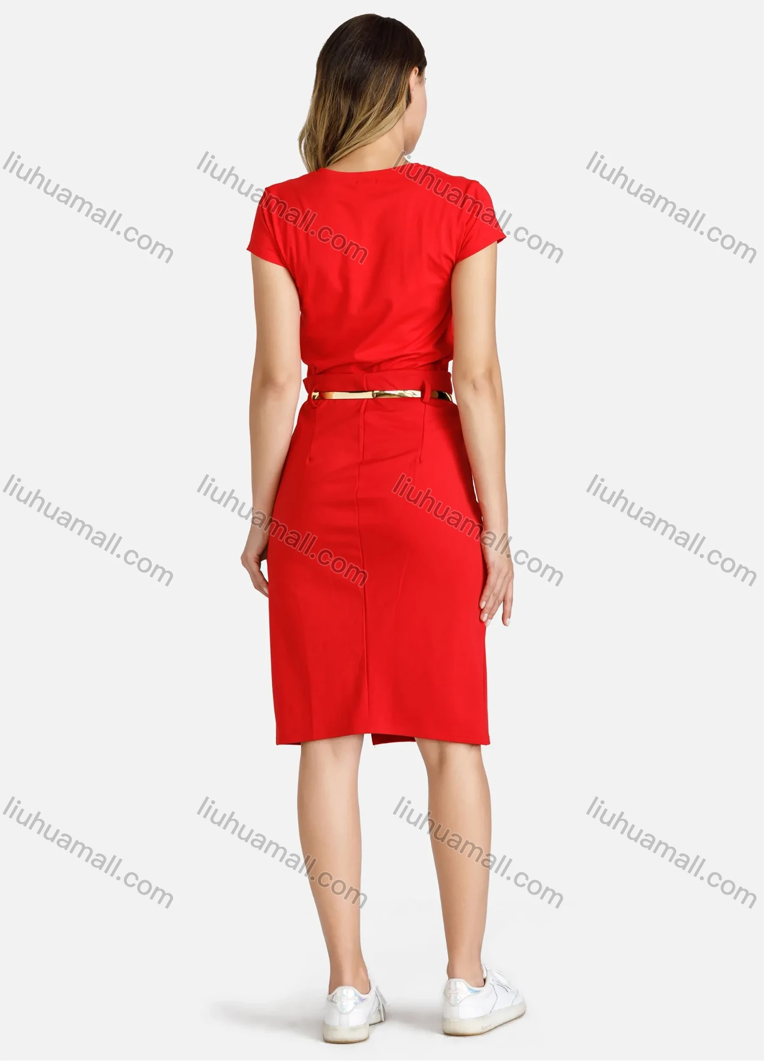 Wholesale Women's Casual Crew Neck Short Sleeve Cartoon Rhinestone Graphic Belted Tee Dress - Liuhuamall