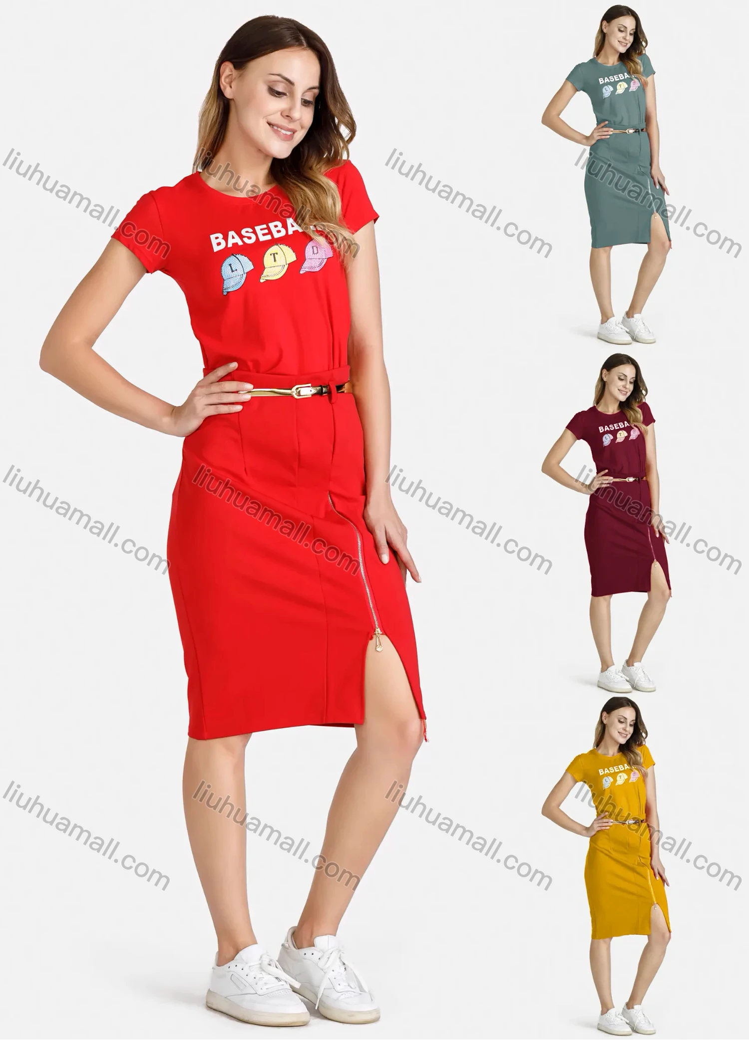 Wholesale Women's Casual Crew Neck Short Sleeve Cartoon Rhinestone Graphic Belted Tee Dress - Liuhuamall