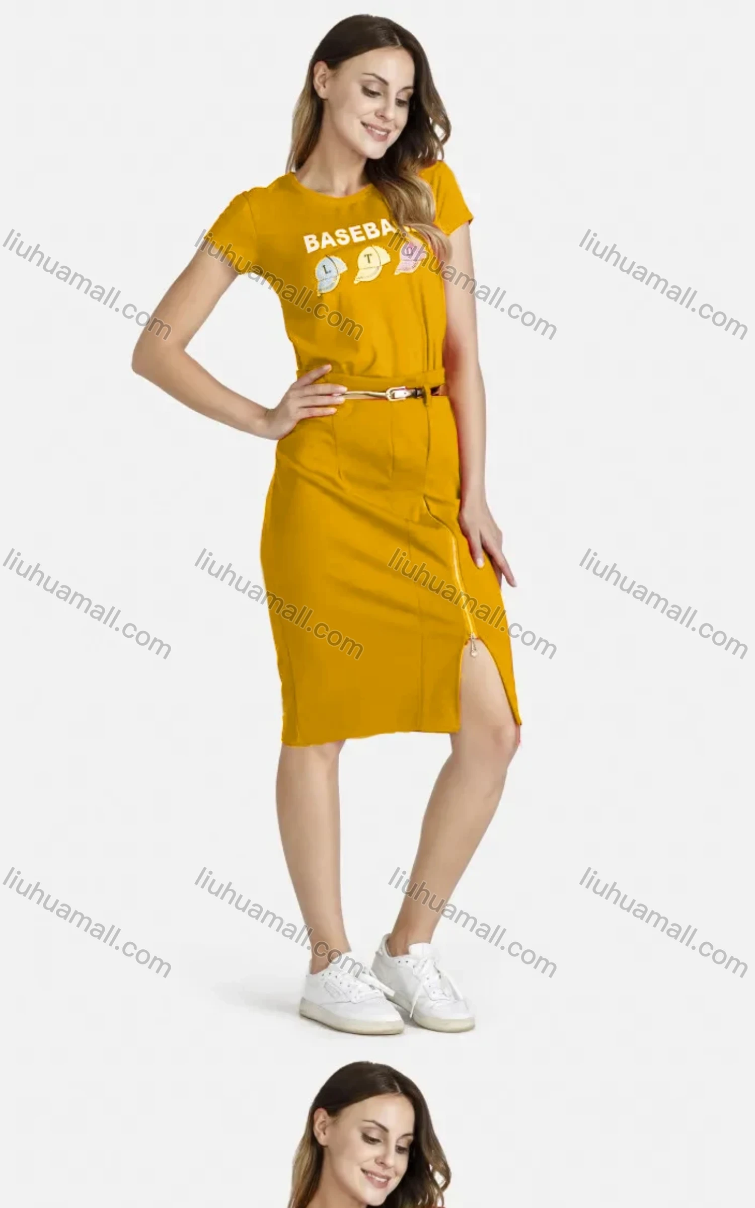 Wholesale Women's Casual Crew Neck Short Sleeve Cartoon Rhinestone Graphic Belted Tee Dress - Liuhuamall