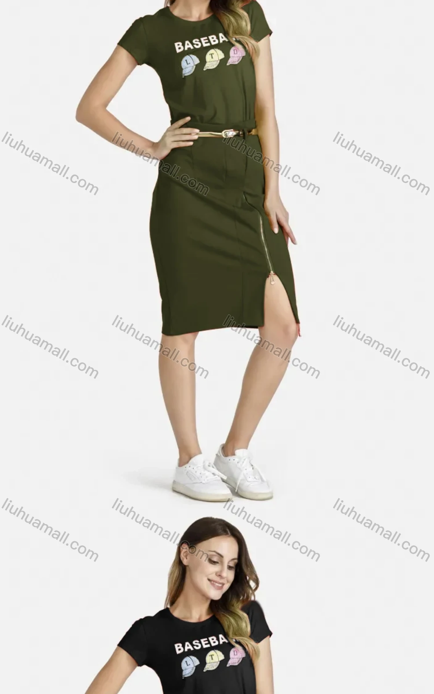 Wholesale Women's Casual Crew Neck Short Sleeve Cartoon Rhinestone Graphic Belted Tee Dress - Liuhuamall