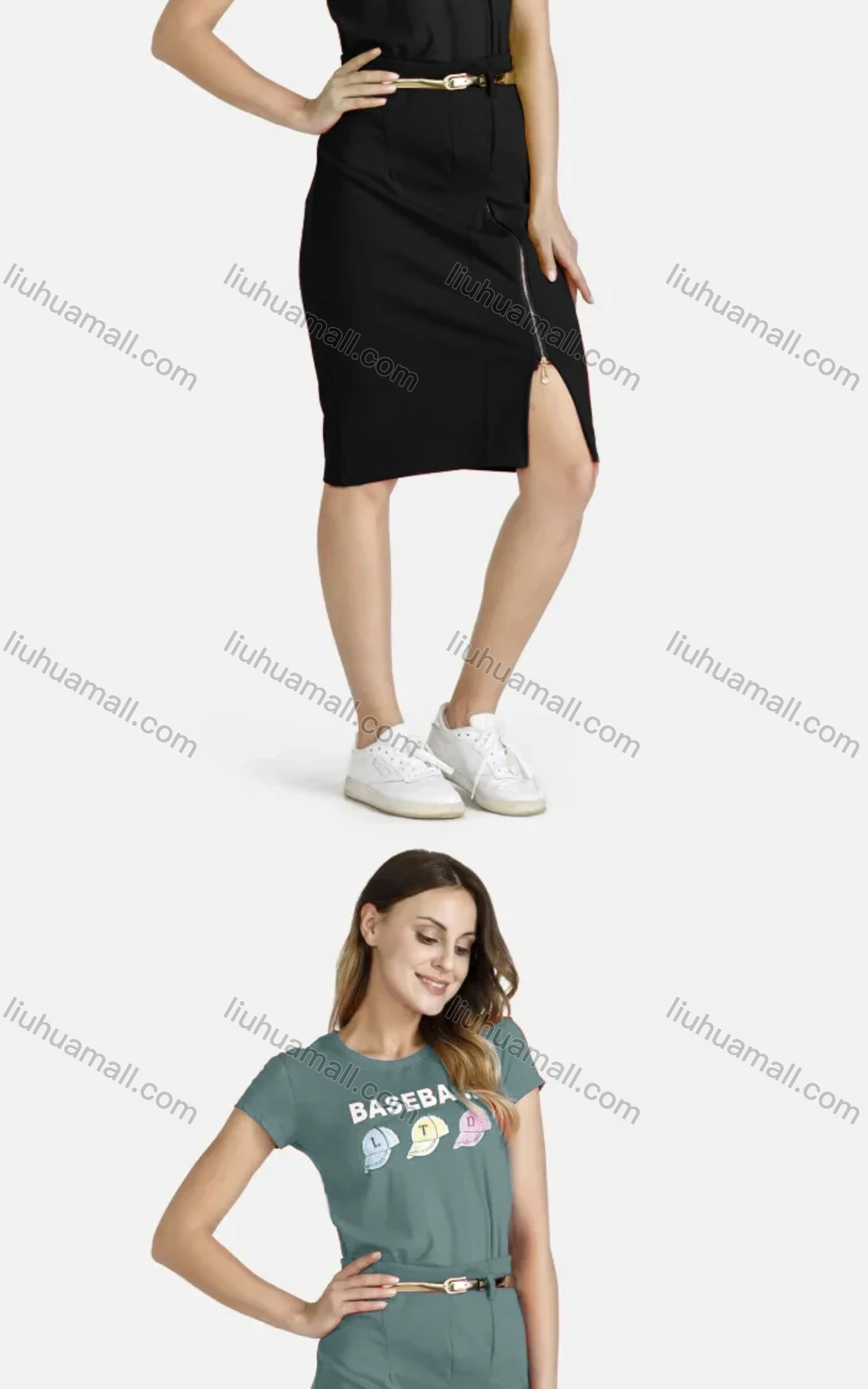 Wholesale Women's Casual Crew Neck Short Sleeve Cartoon Rhinestone Graphic Belted Tee Dress - Liuhuamall