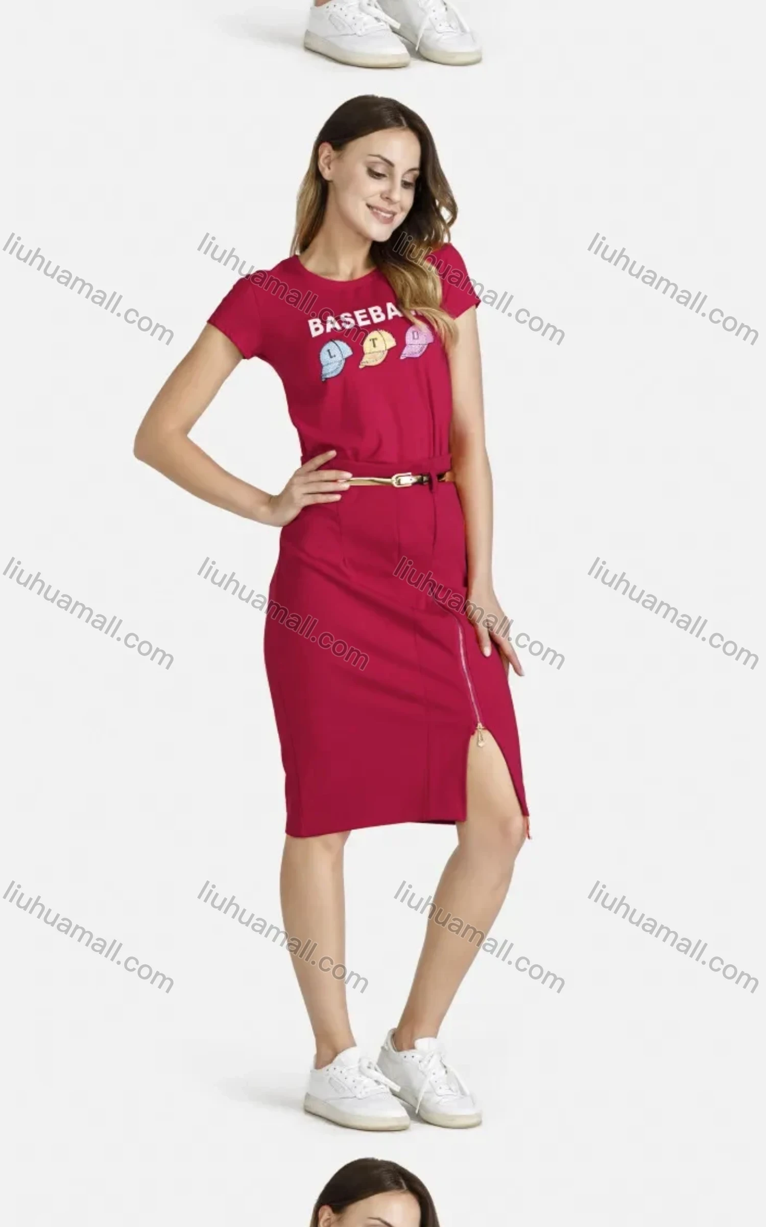 Wholesale Women's Casual Crew Neck Short Sleeve Cartoon Rhinestone Graphic Belted Tee Dress - Liuhuamall