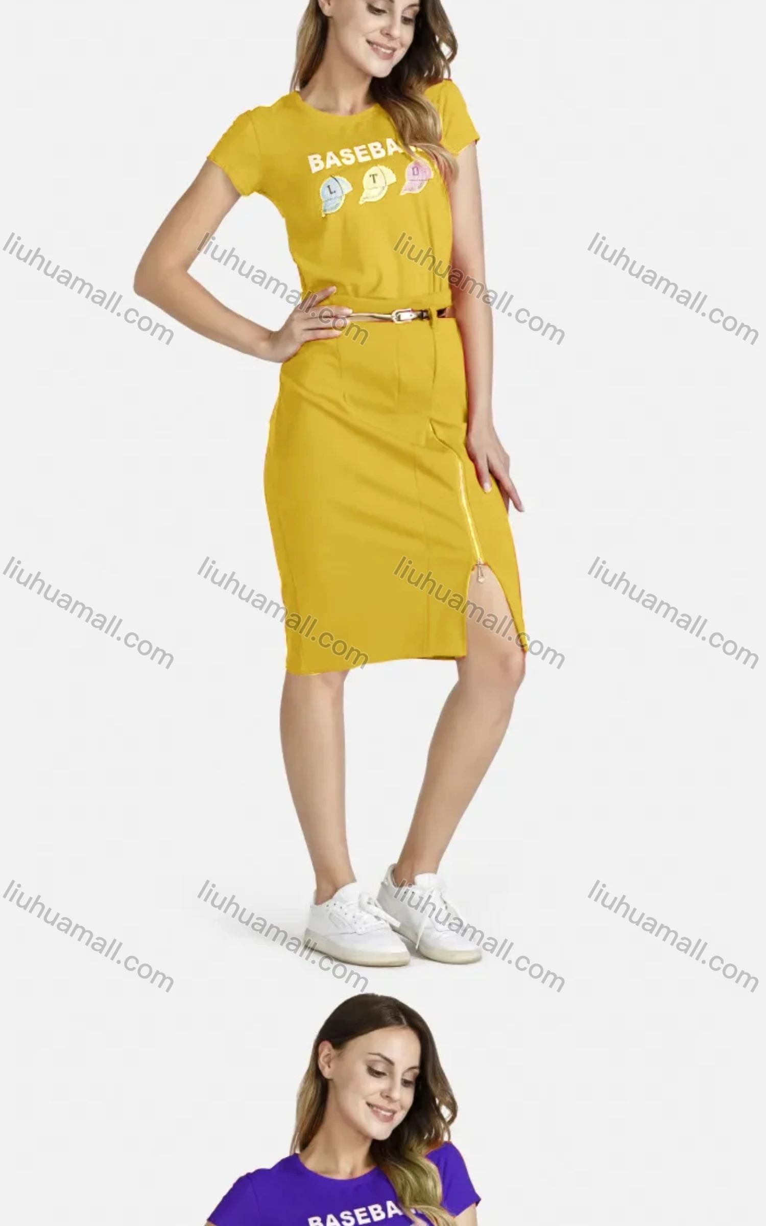 Wholesale Women's Casual Crew Neck Short Sleeve Cartoon Rhinestone Graphic Belted Tee Dress - Liuhuamall