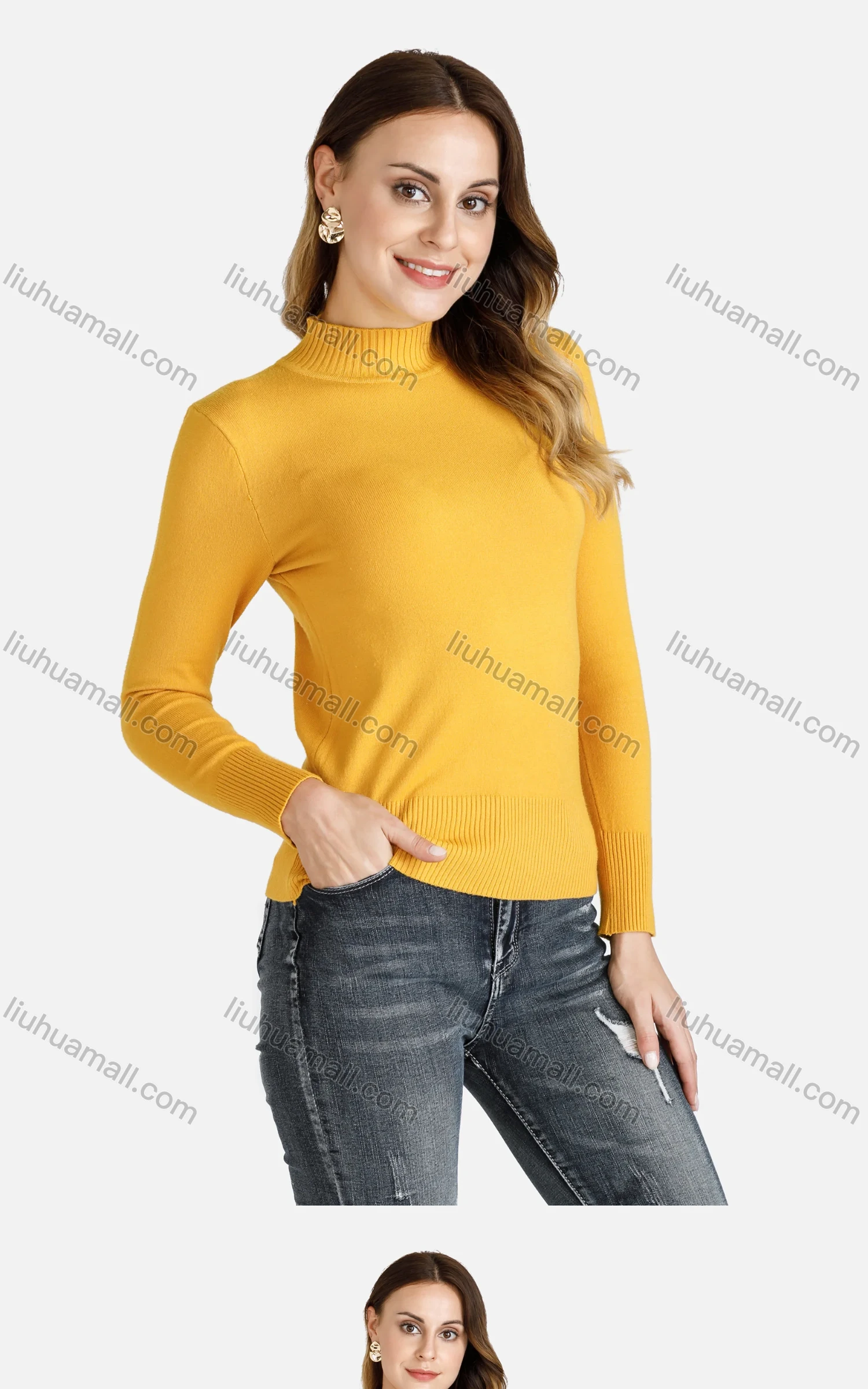 Wholesale Women's High Neck Plain Slim Fit Knit Pullover Knit Top 7945# - Liuhuamall
