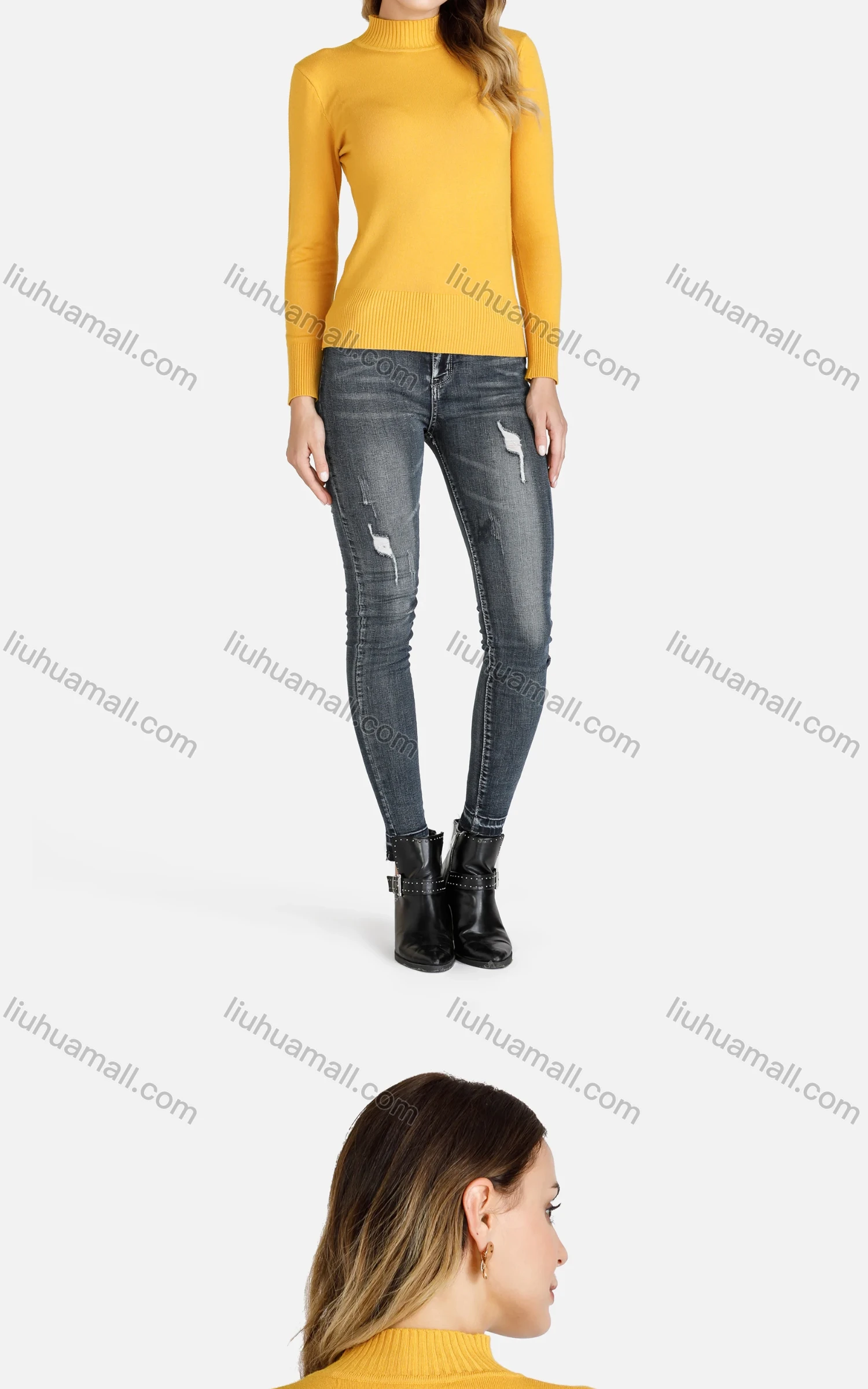 Wholesale Women's High Neck Plain Slim Fit Knit Pullover Knit Top 7945# - Liuhuamall