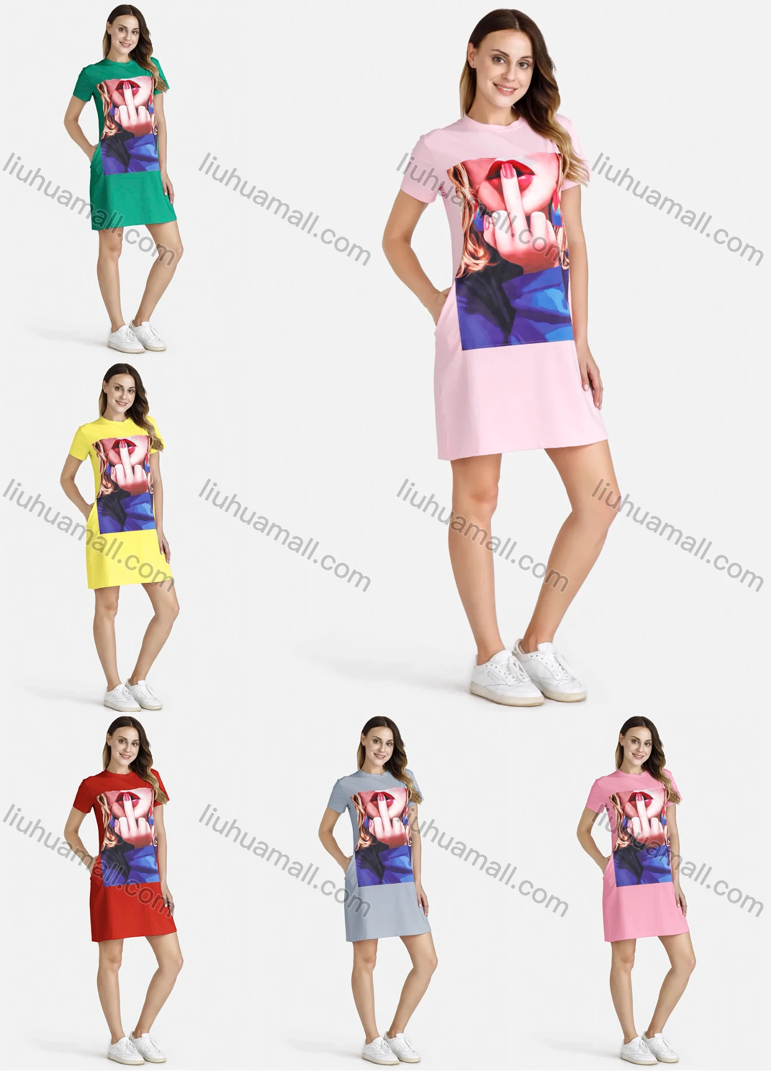 Wholesale Women's Casual Short Sleeve Round Neck Graphic Tee Dress - Liuhuamall