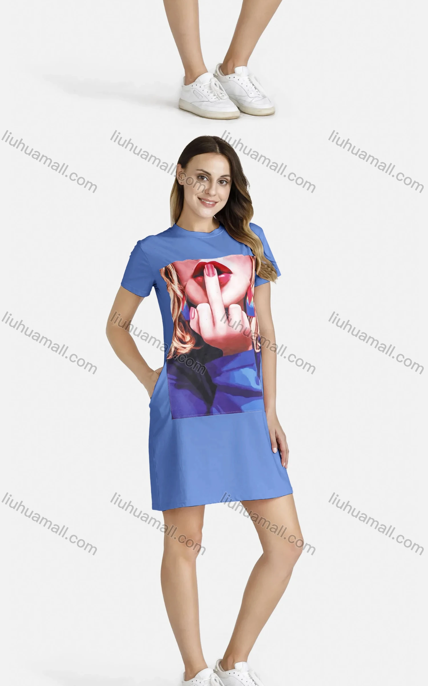 Wholesale Women's Casual Short Sleeve Round Neck Graphic Tee Dress - Liuhuamall