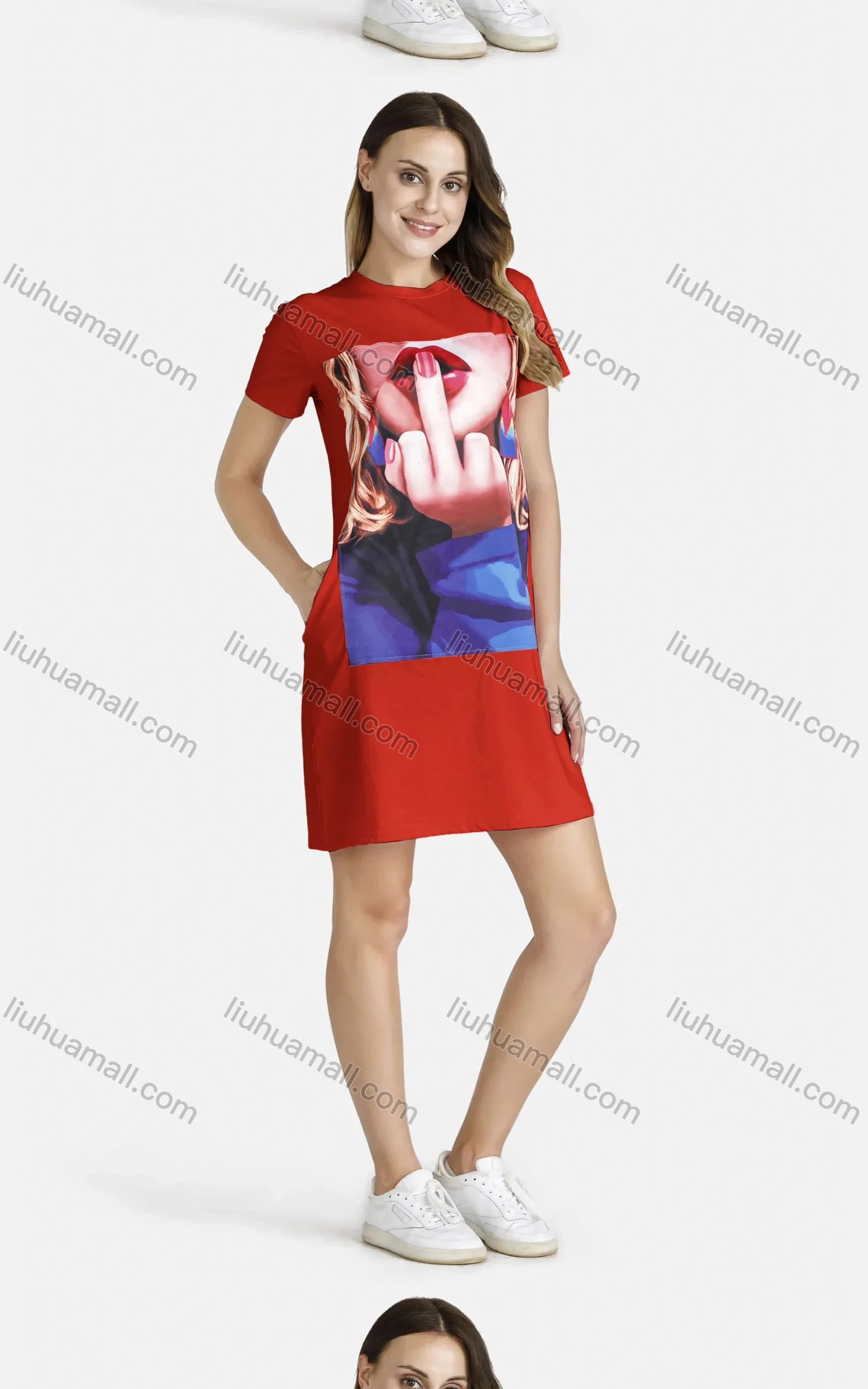 Wholesale Women's Casual Short Sleeve Round Neck Graphic Tee Dress - Liuhuamall